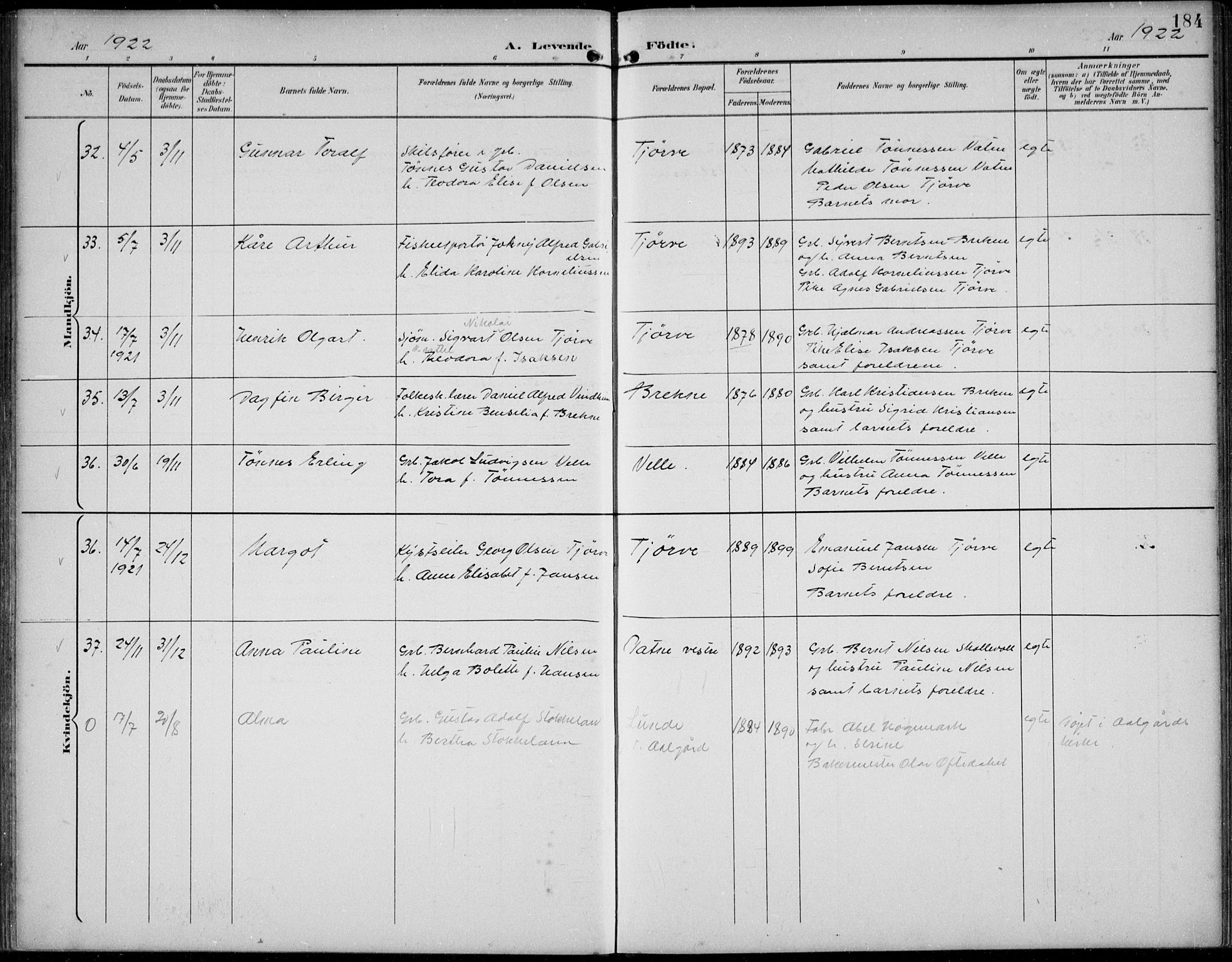 Lista sokneprestkontor, AV/SAK-1111-0027/F/Fb/L0005: Parish register (copy) no. B 5, 1892-1923, p. 184