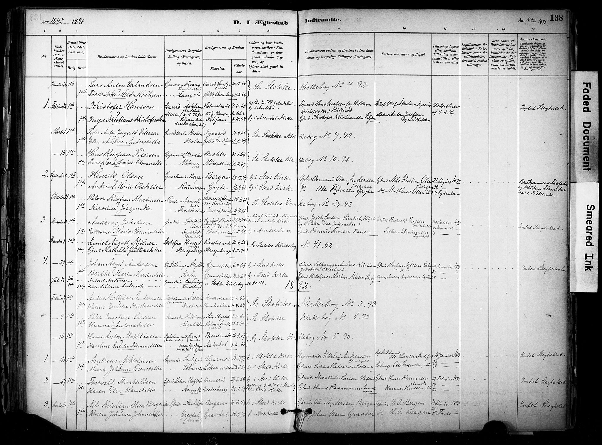 Stokke kirkebøker, AV/SAKO-A-320/F/Fb/L0001: Parish register (official) no. II 1, 1884-1910, p. 138