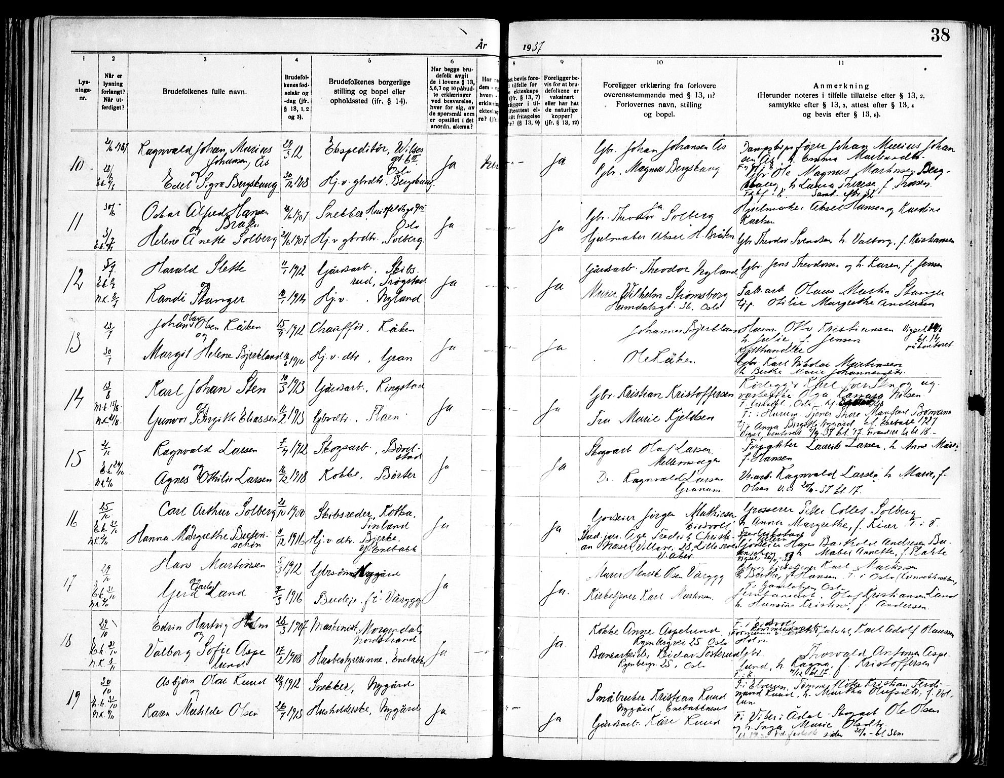 Enebakk prestekontor Kirkebøker, SAO/A-10171c/H/Ha/L0001: Banns register no. 1, 1919-1958, p. 38