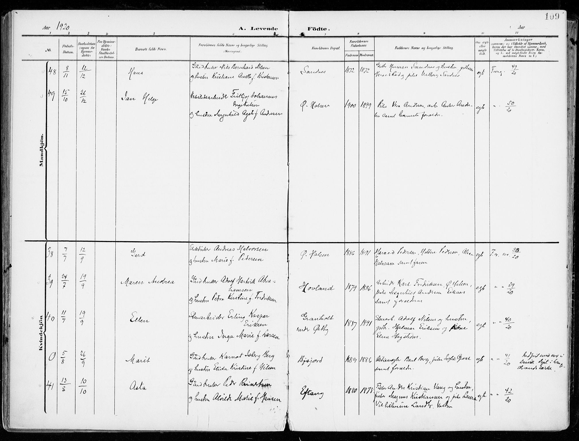 Tjølling kirkebøker, AV/SAKO-A-60/F/Fa/L0010: Parish register (official) no. 10, 1906-1923, p. 109