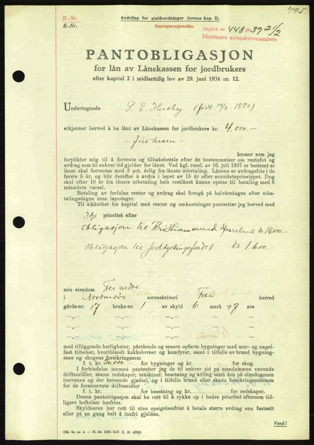 Nordmøre sorenskriveri, SAT/A-4132/1/2/2Ca: Mortgage book no. B84, 1938-1939, Diary no: : 448/1939