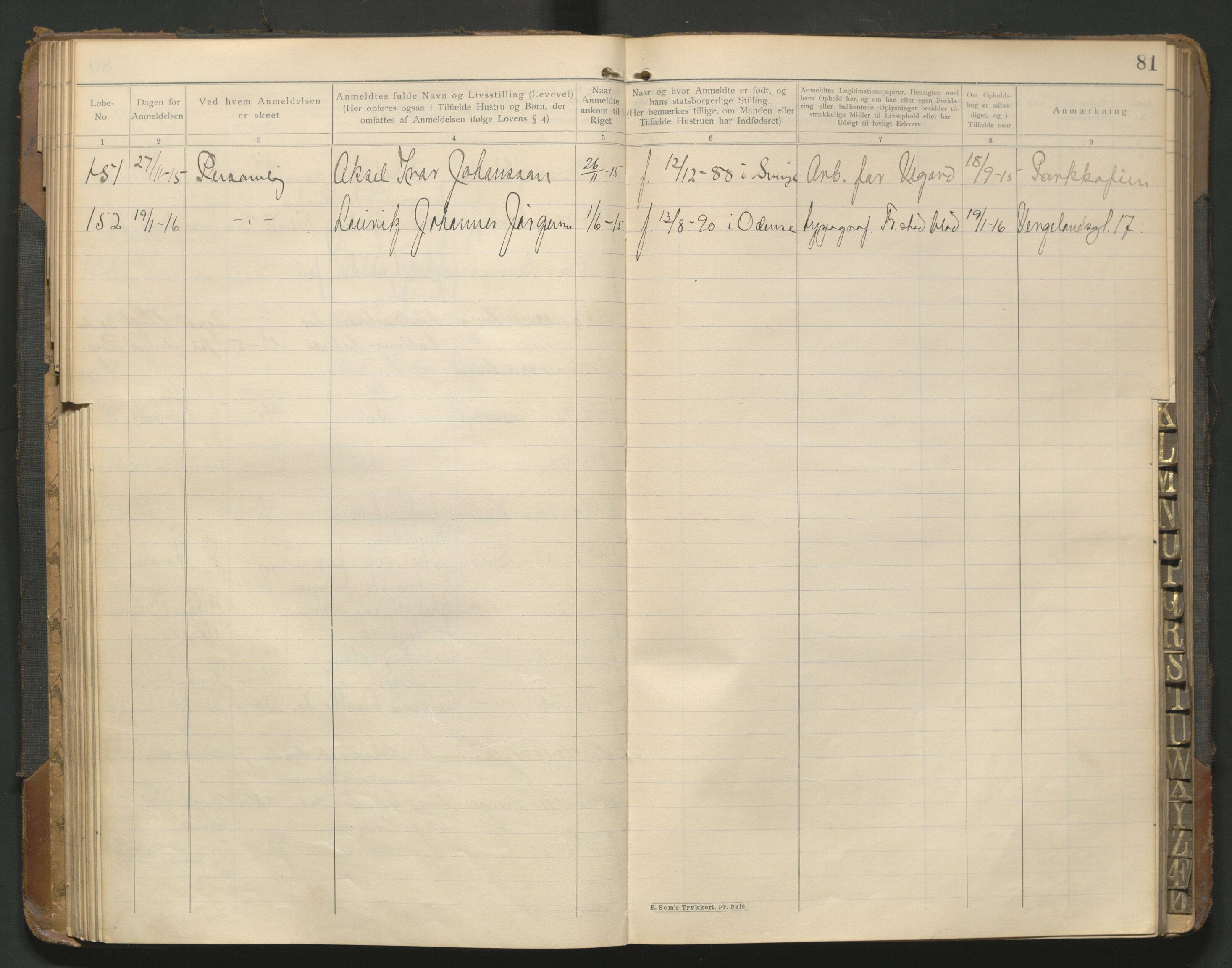 Fredrikstad politikammer, AV/SAO-A-10055/H/Hb/Hba/L0001: Protokoll over fremmede statsborgere, 1901-1916, p. 85b-86a