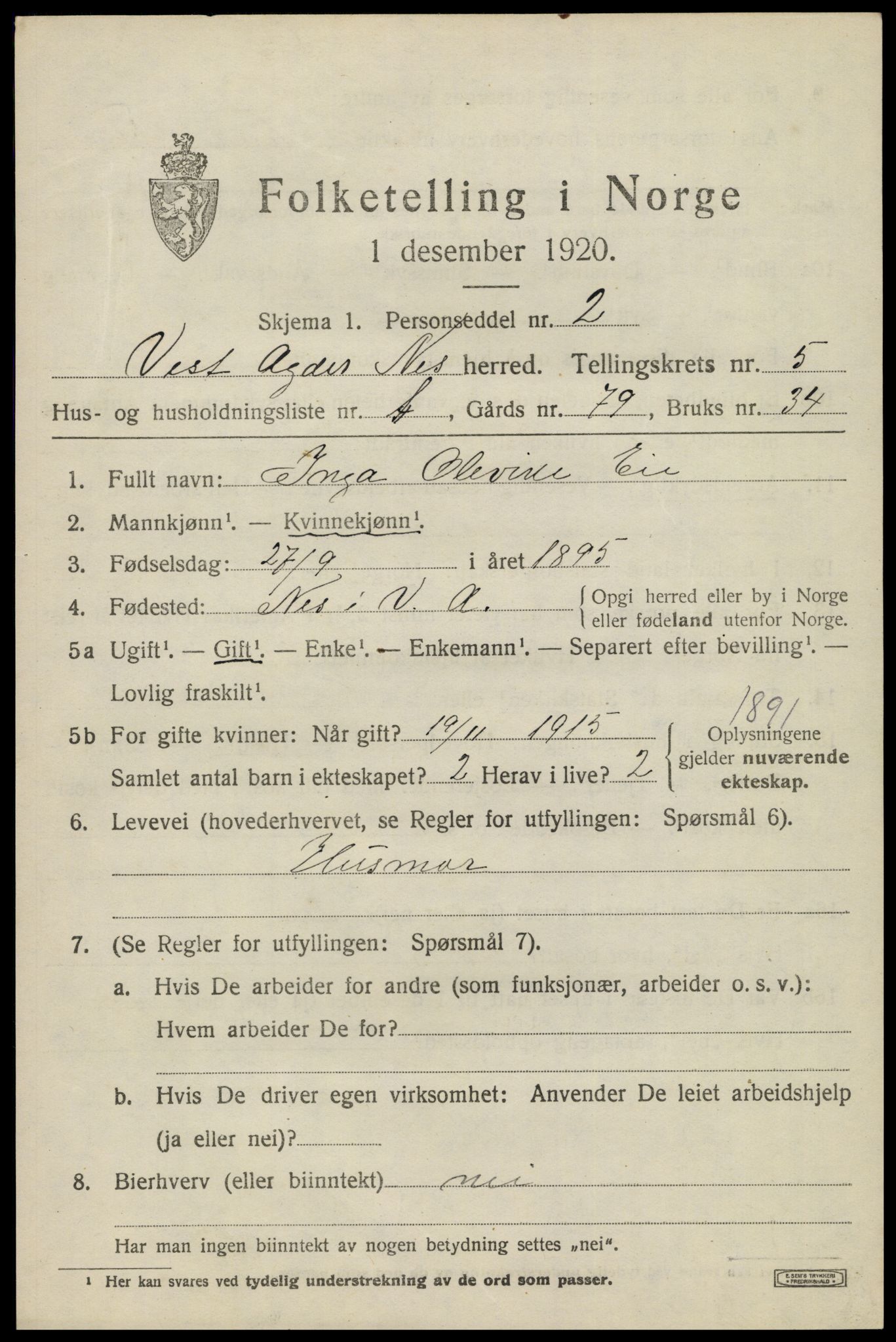 SAK, 1920 census for Nes (V-A), 1920, p. 2656