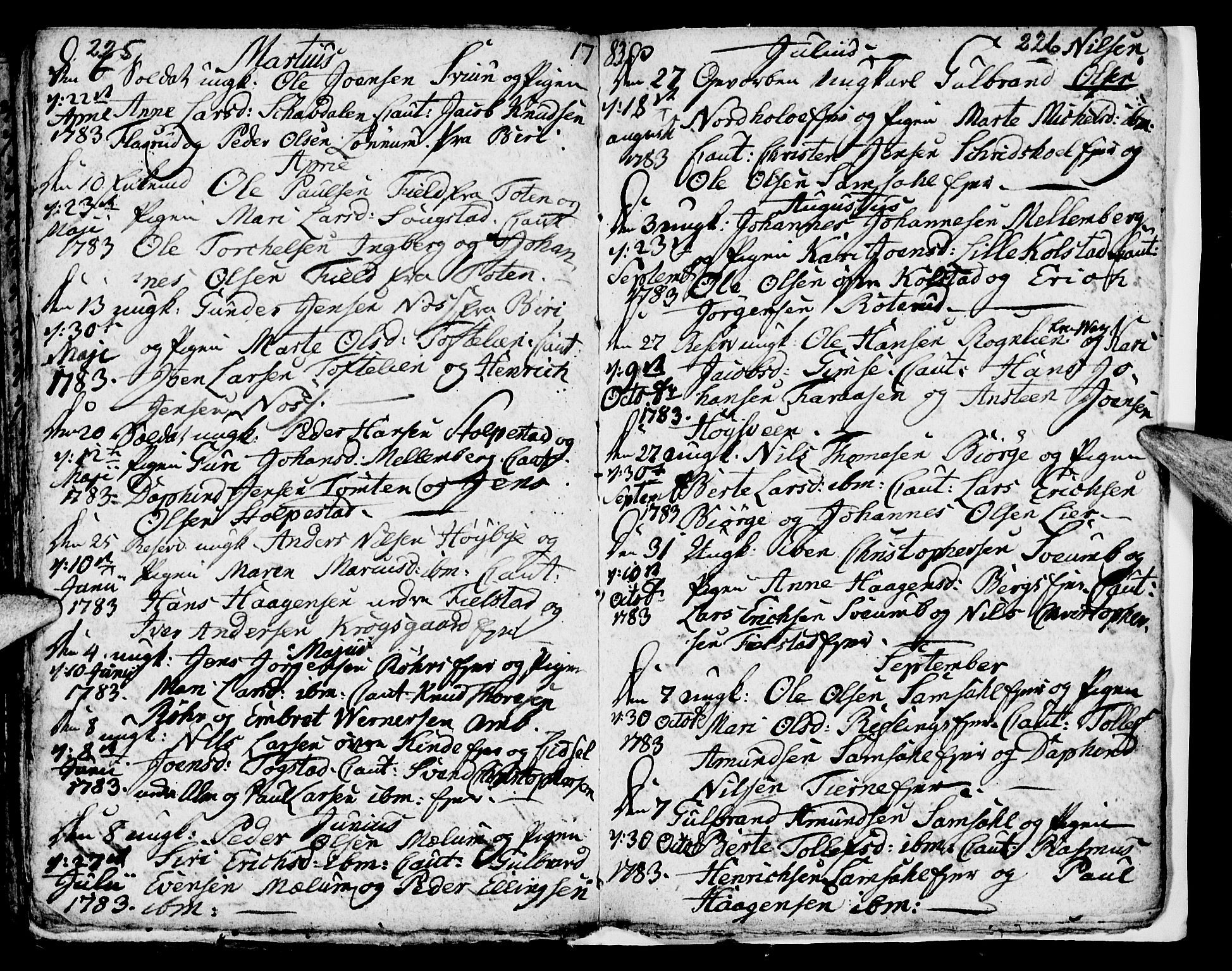 Ringsaker prestekontor, AV/SAH-PREST-014/I/Ia/L0005/0003: Parish register draft no. 5.3, 1780-1784, p. 225-226