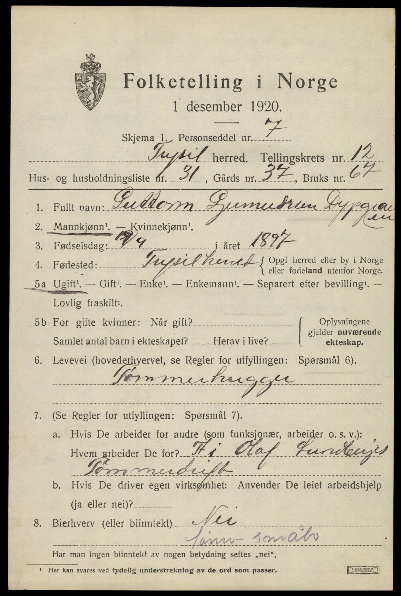 SAH, 1920 census for Trysil, 1920, p. 7559