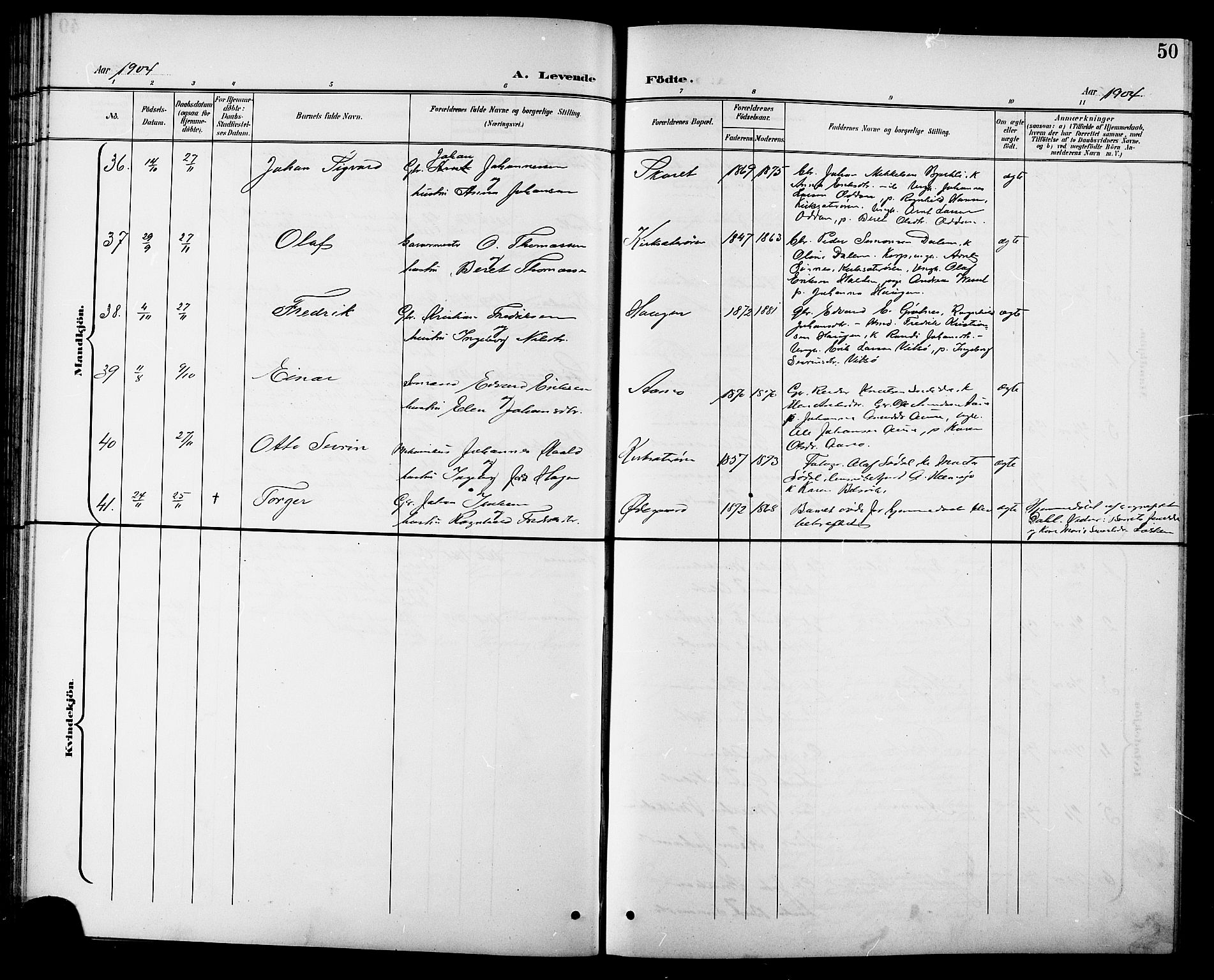 Ministerialprotokoller, klokkerbøker og fødselsregistre - Sør-Trøndelag, SAT/A-1456/630/L0505: Parish register (copy) no. 630C03, 1899-1914, p. 50