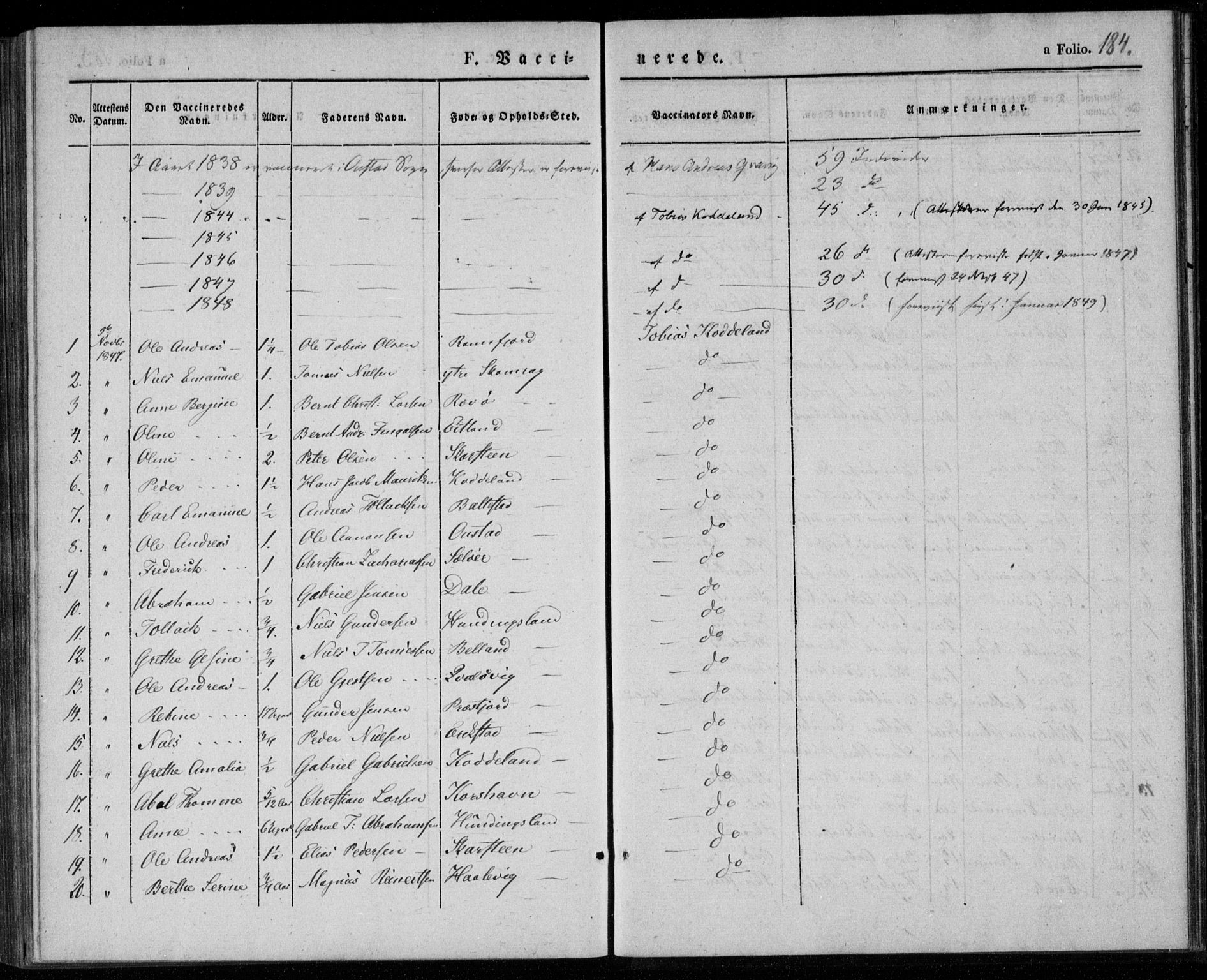 Lyngdal sokneprestkontor, SAK/1111-0029/F/Fa/Faa/L0001: Parish register (official) no. A 1, 1837-1857, p. 184