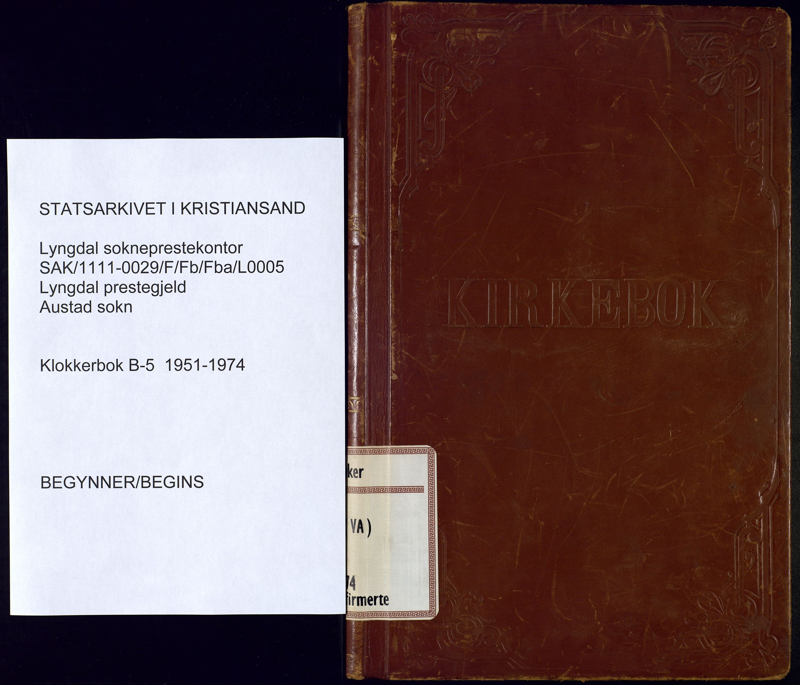 Lyngdal sokneprestkontor, SAK/1111-0029/F/Fb/Fba/L0005: Parish register (copy) no. B 5, 1951-1974