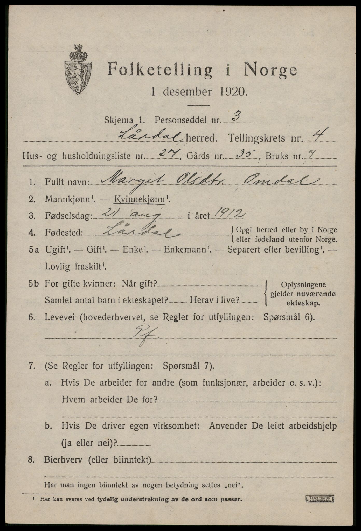 SAKO, 1920 census for Lårdal, 1920, p. 2395