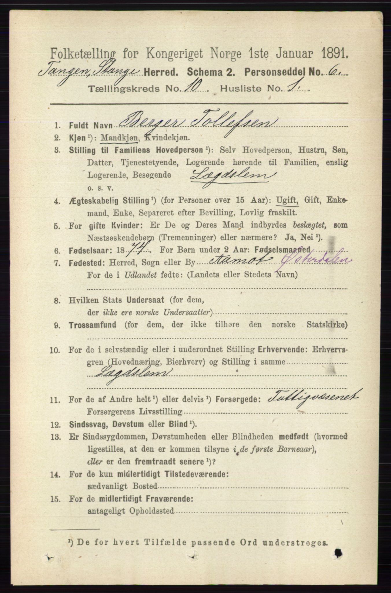 RA, 1891 census for 0417 Stange, 1891, p. 6805