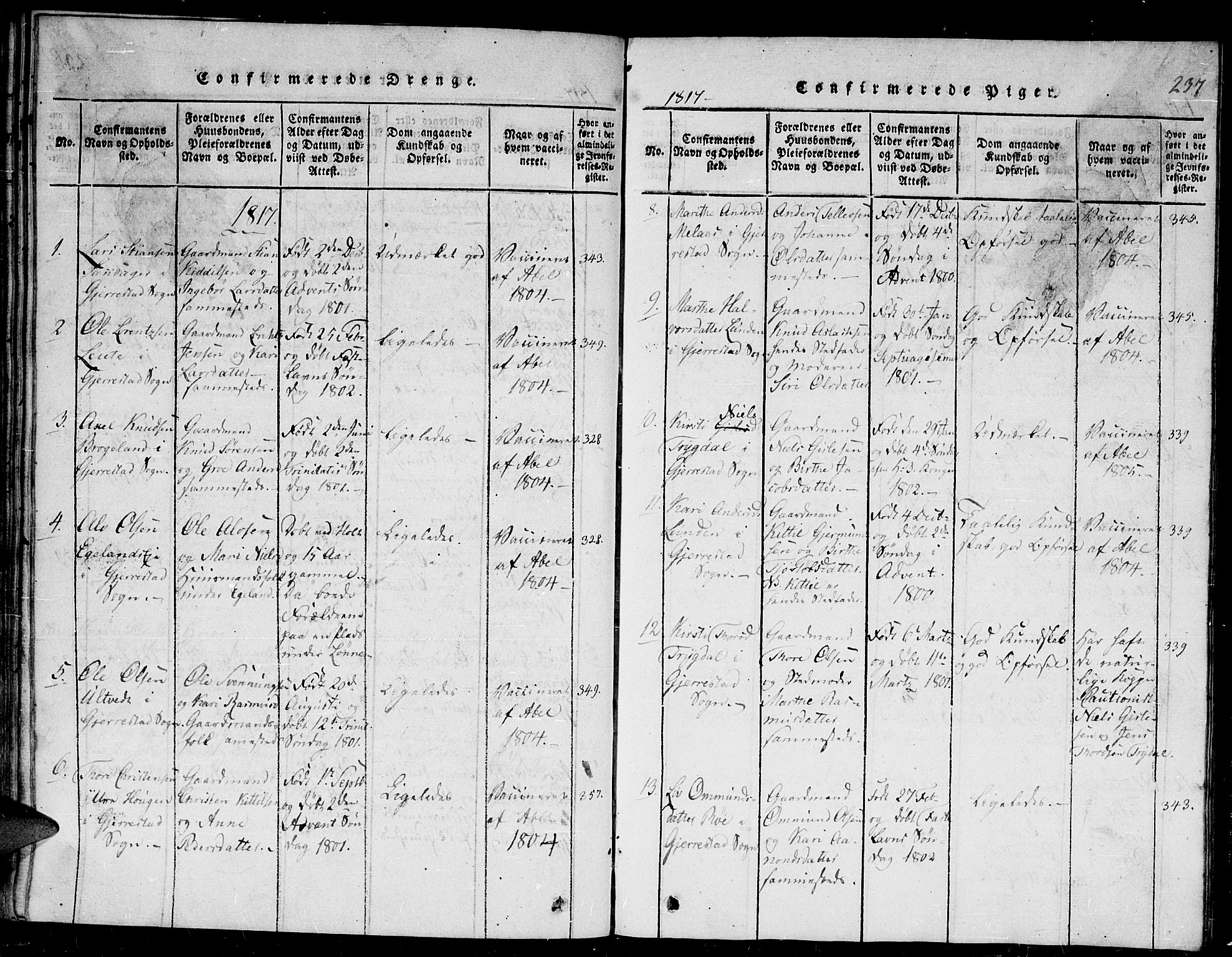 Gjerstad sokneprestkontor, SAK/1111-0014/F/Fb/Fba/L0002: Parish register (copy) no. B 2, 1816-1845, p. 237