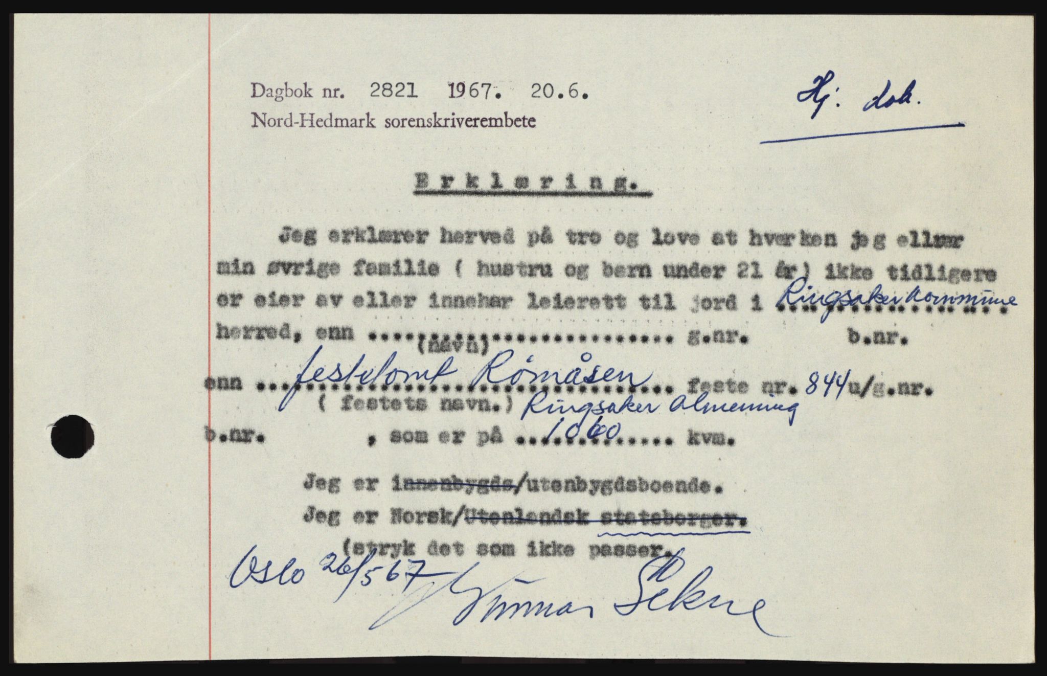 Nord-Hedmark sorenskriveri, SAH/TING-012/H/Hc/L0026: Mortgage book no. 26, 1967-1967, Diary no: : 2821/1967