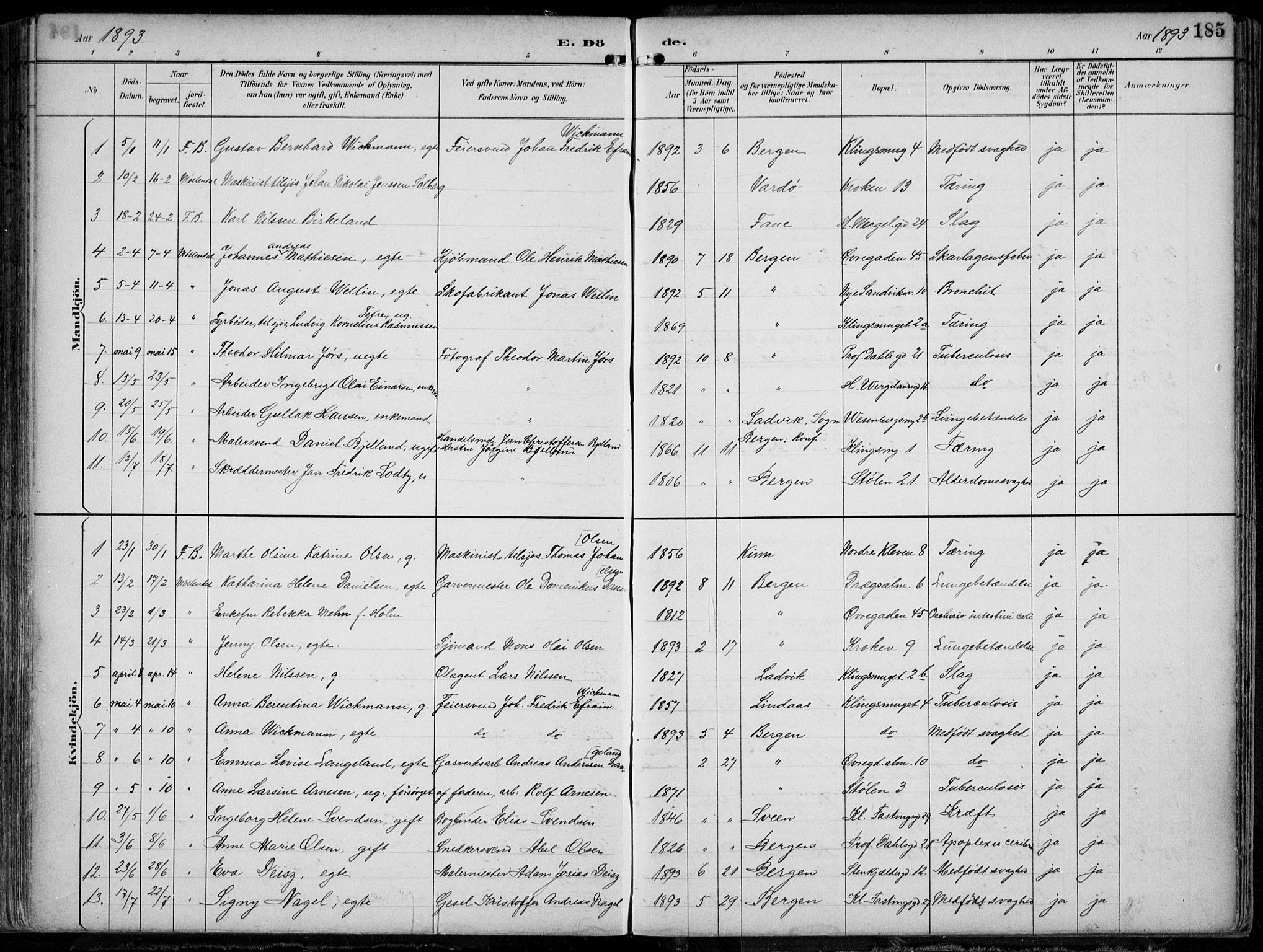 Mariakirken Sokneprestembete, SAB/A-76901/H/Hab/L0005: Parish register (copy) no. A 5, 1893-1913, p. 185