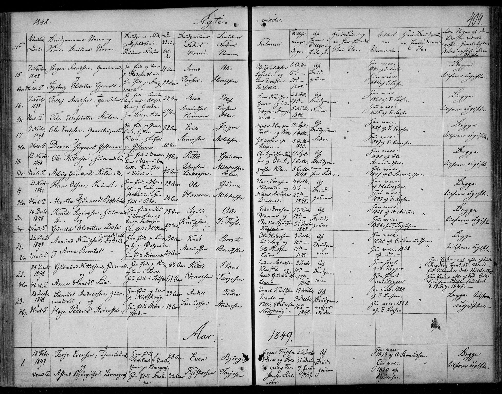 Kviteseid kirkebøker, SAKO/A-276/F/Fa/L0006: Parish register (official) no. I 6, 1836-1858, p. 409