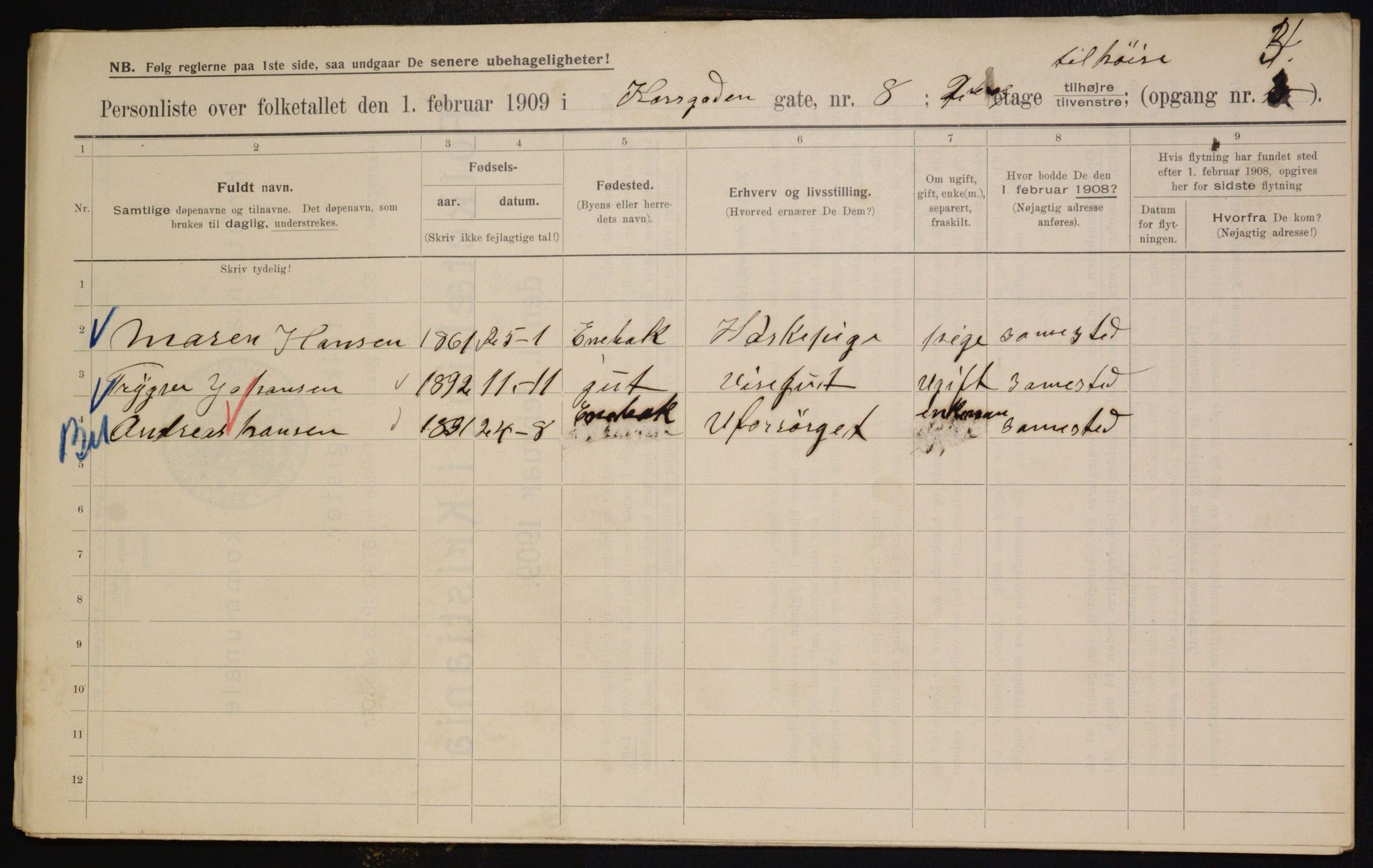 OBA, Municipal Census 1909 for Kristiania, 1909, p. 49054