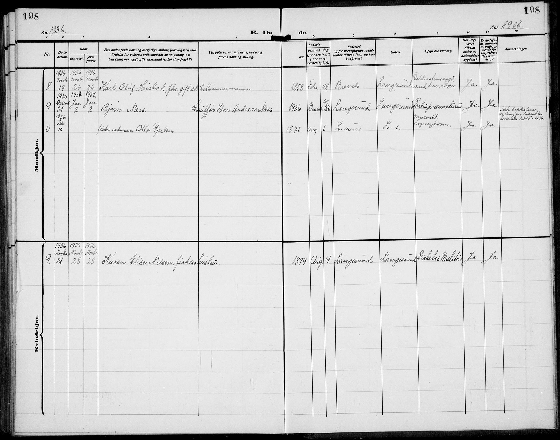Langesund kirkebøker, SAKO/A-280/G/Ga/L0007: Parish register (copy) no. 7, 1919-1939, p. 198