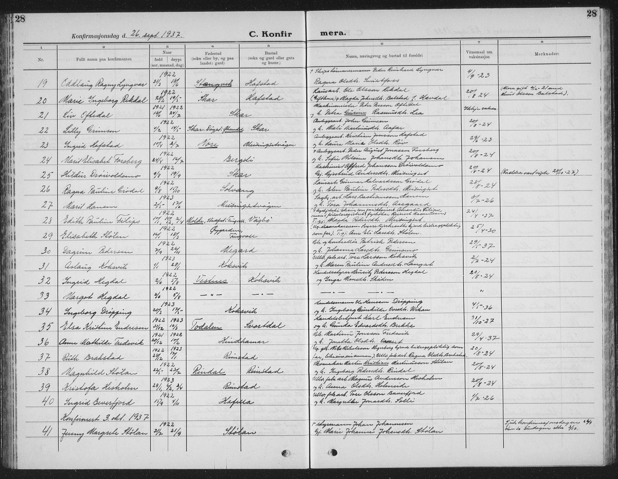 Ministerialprotokoller, klokkerbøker og fødselsregistre - Møre og Romsdal, AV/SAT-A-1454/586/L0995: Parish register (copy) no. 586C06, 1928-1943, p. 28