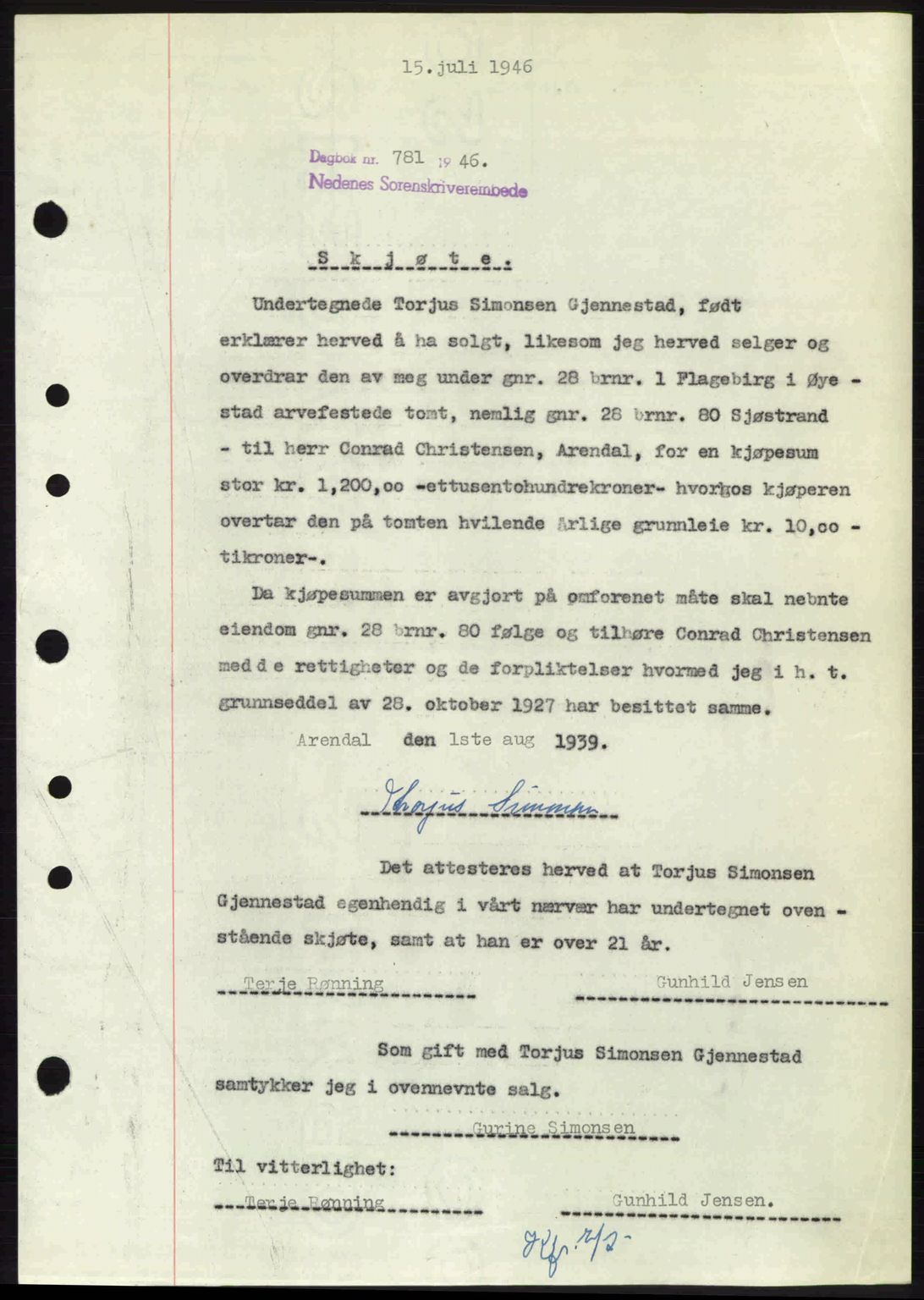 Nedenes sorenskriveri, SAK/1221-0006/G/Gb/Gba/L0055: Mortgage book no. A7, 1946-1946, Diary no: : 781/1946