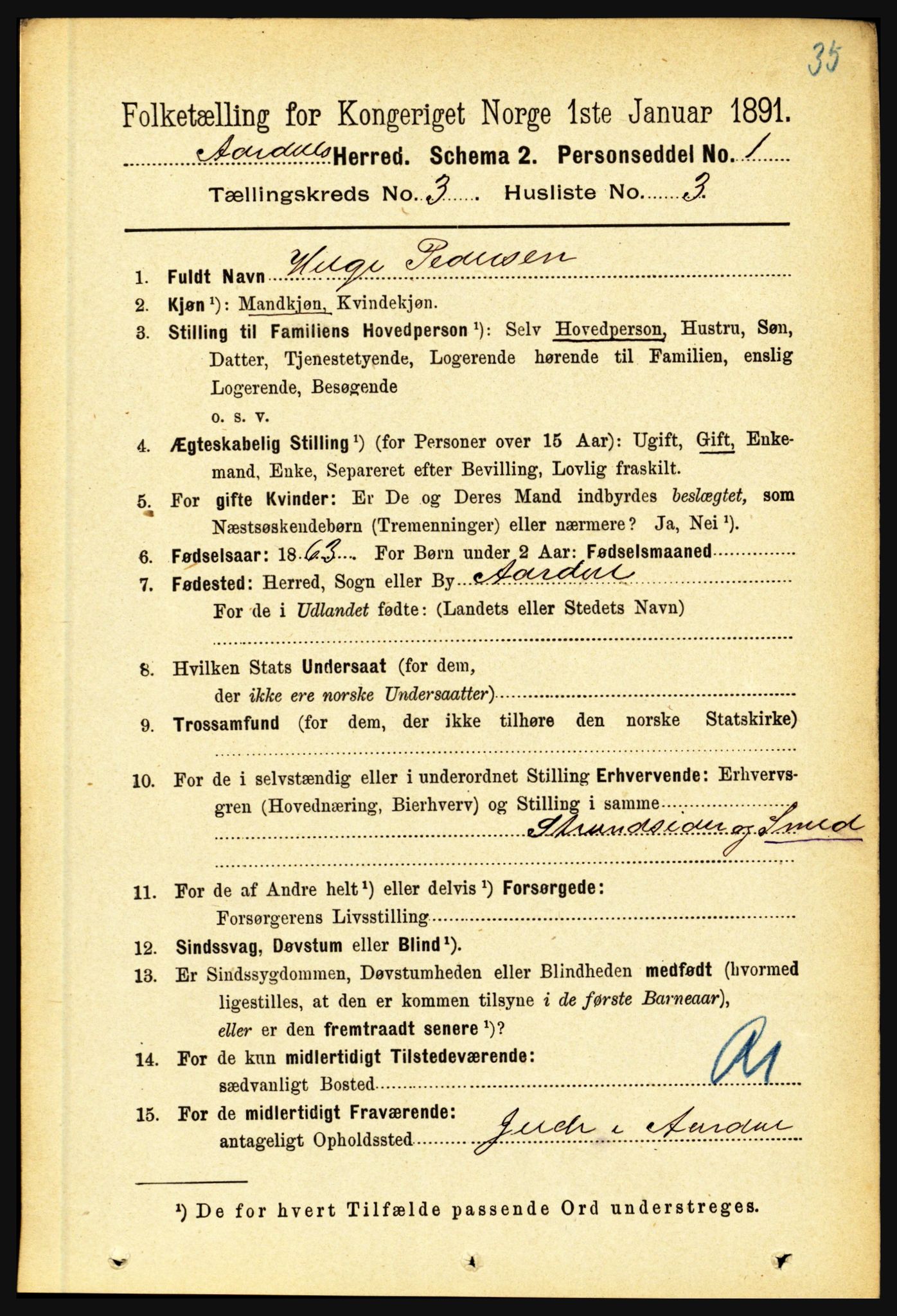 RA, 1891 census for 1424 Årdal, 1891, p. 405