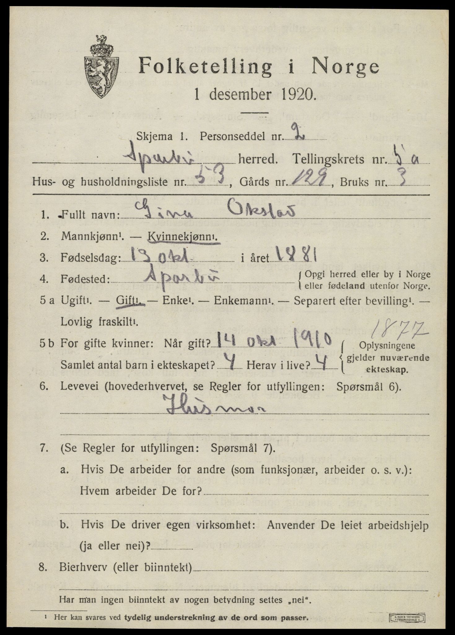 SAT, 1920 census for Sparbu, 1920, p. 6797