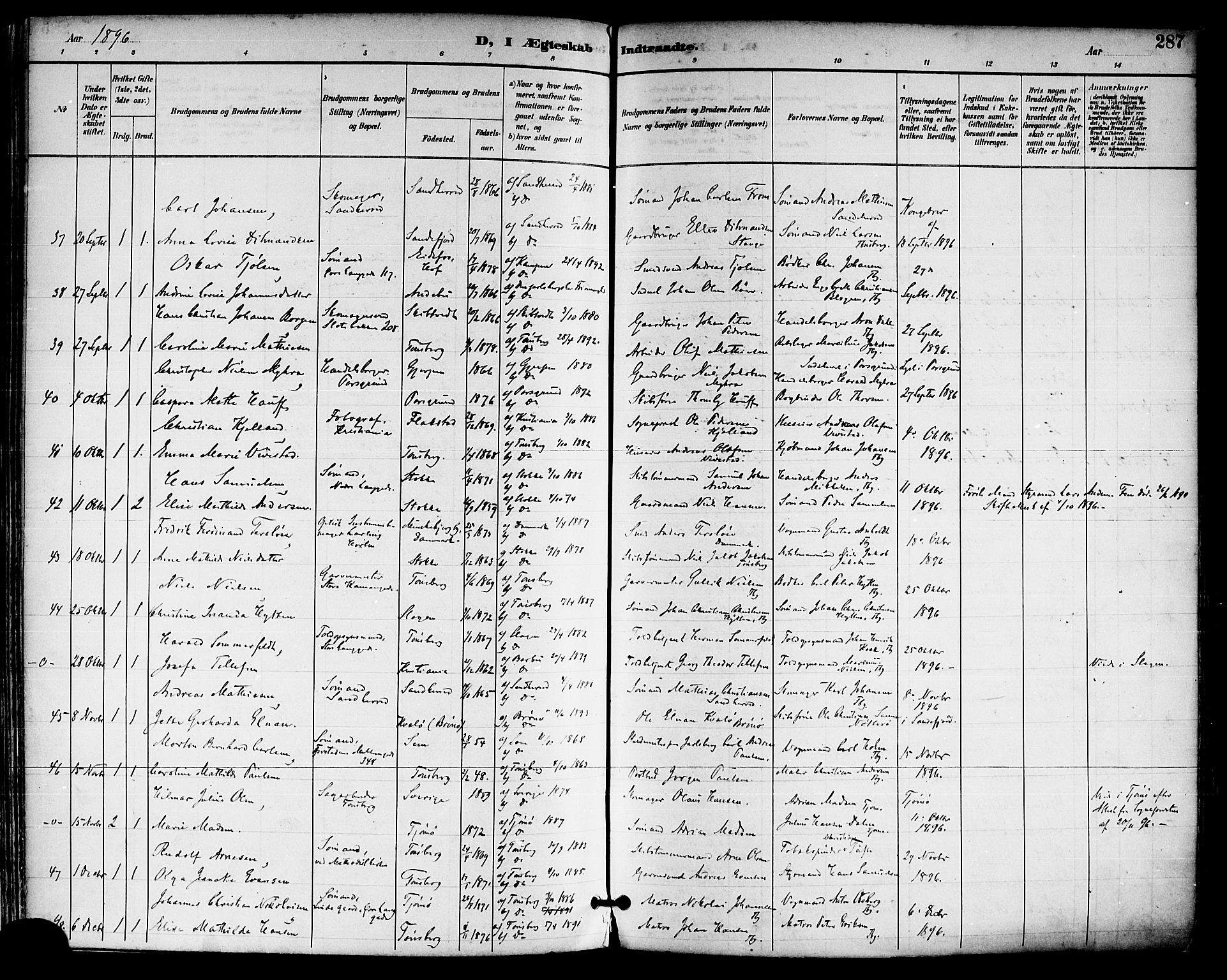 Tønsberg kirkebøker, AV/SAKO-A-330/F/Fa/L0012: Parish register (official) no. I 12, 1891-1899, p. 287