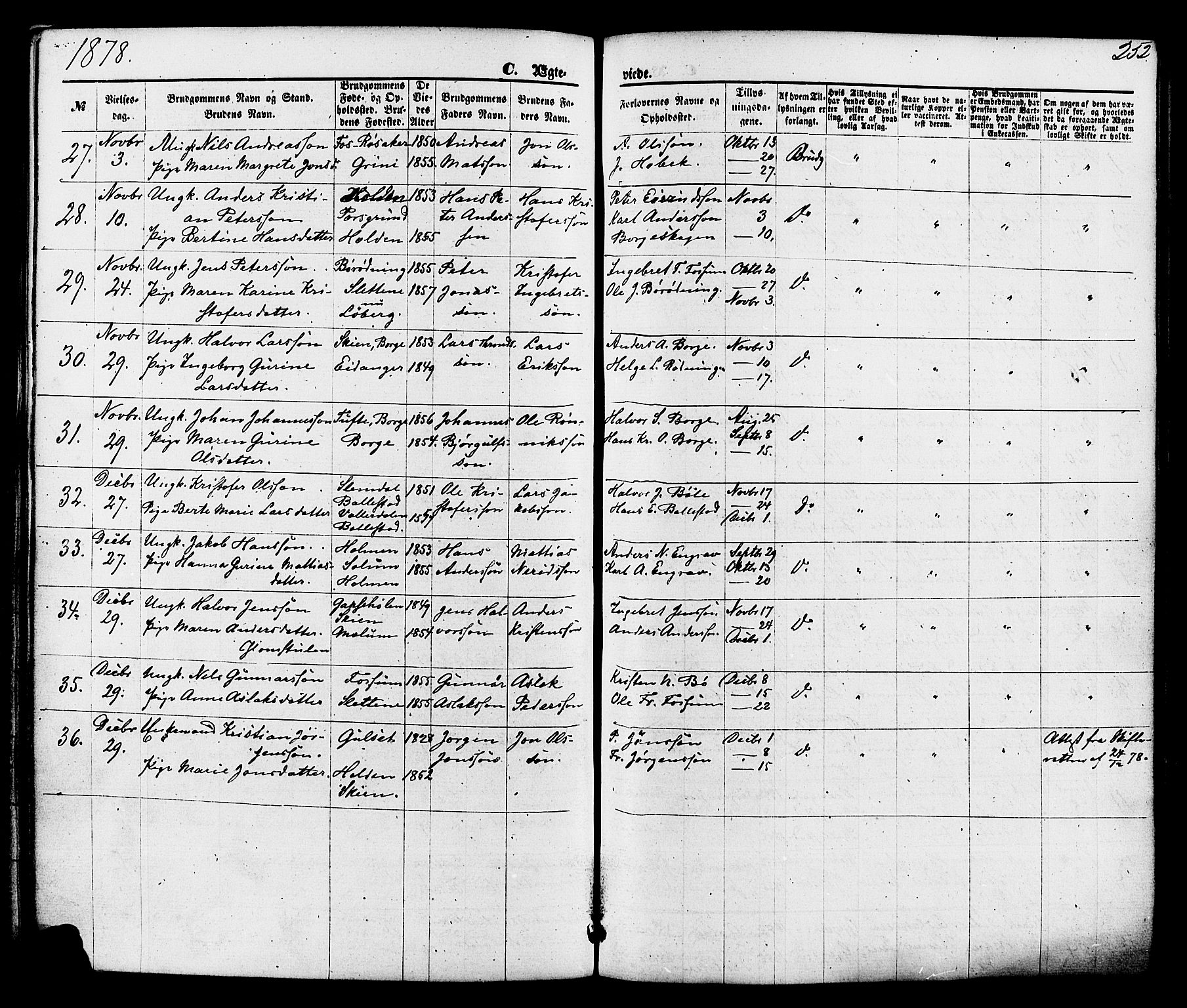 Gjerpen kirkebøker, SAKO/A-265/F/Fa/L0009: Parish register (official) no. I 9, 1872-1885, p. 252