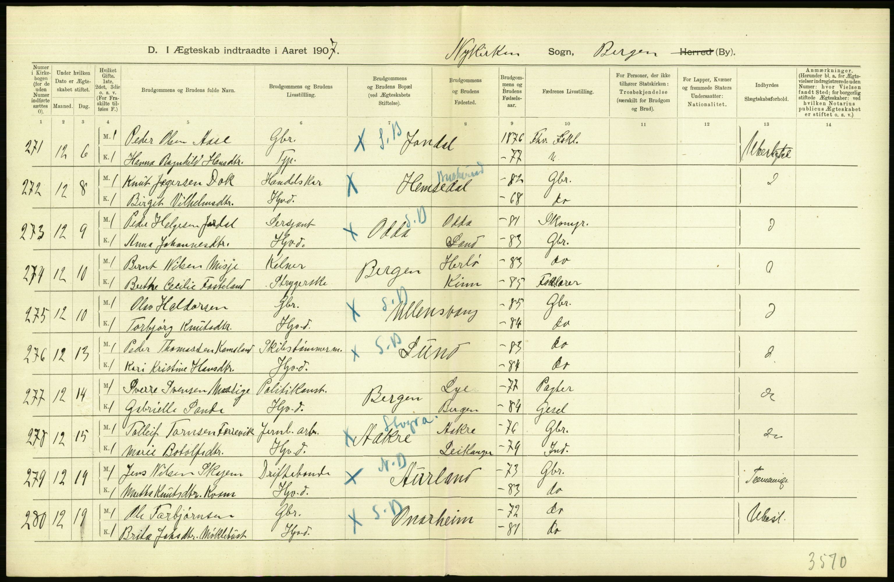 Statistisk sentralbyrå, Sosiodemografiske emner, Befolkning, AV/RA-S-2228/D/Df/Dfa/Dfae/L0031: Bergen: gifte, døde, dødfødte., 1907, p. 6