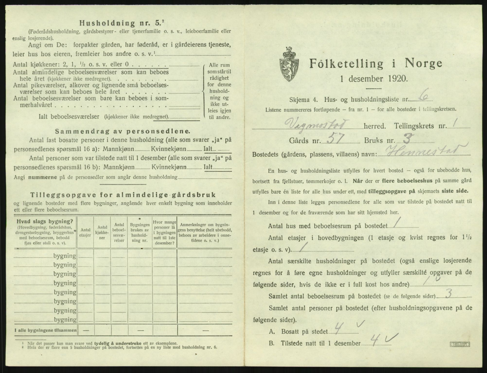 SAK, 1920 census for Vigmostad, 1920, p. 43