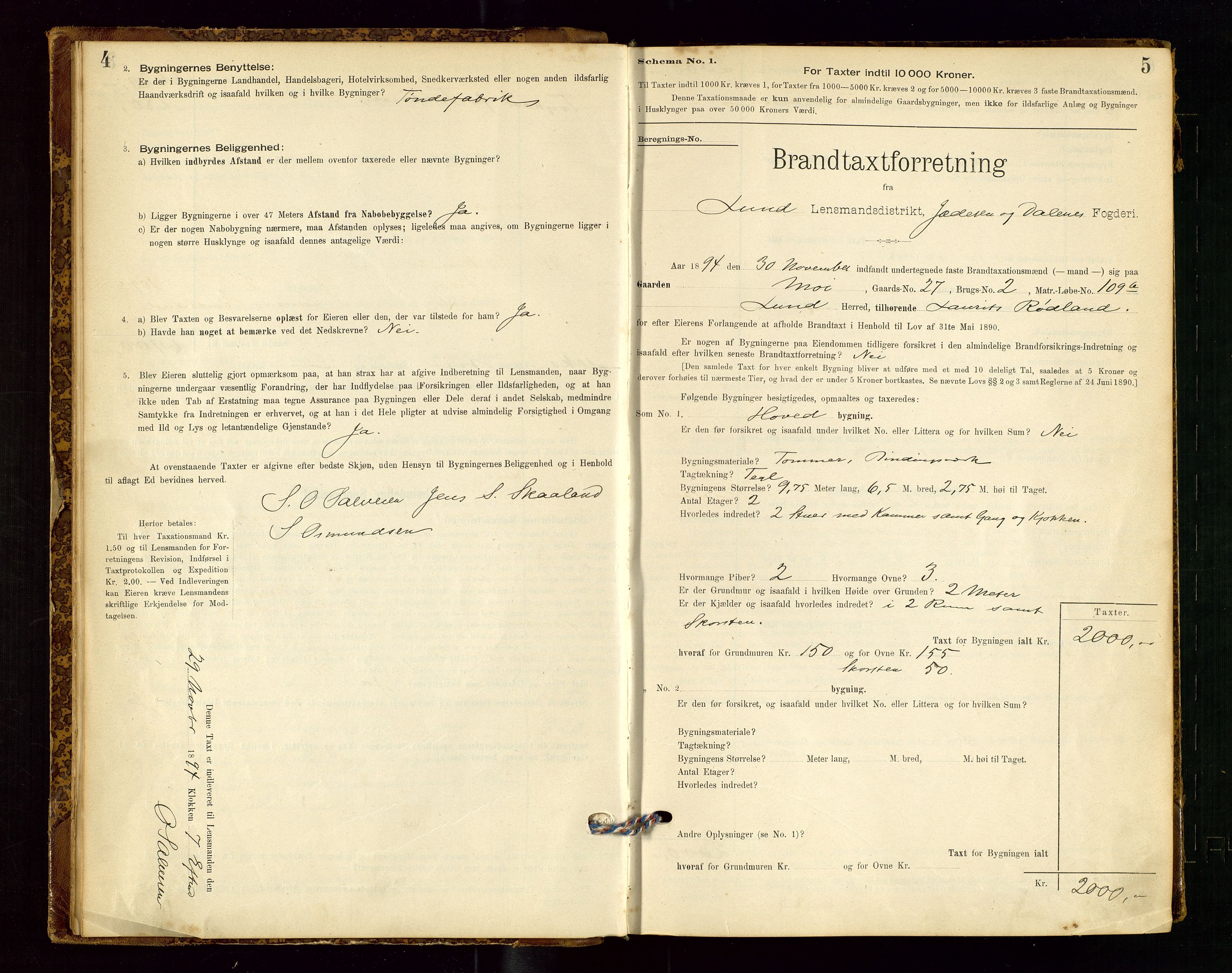 Lund lensmannskontor, SAST/A-100303/Gob/L0001: "Brandtakstprotokol", 1894-1907, p. 4-5