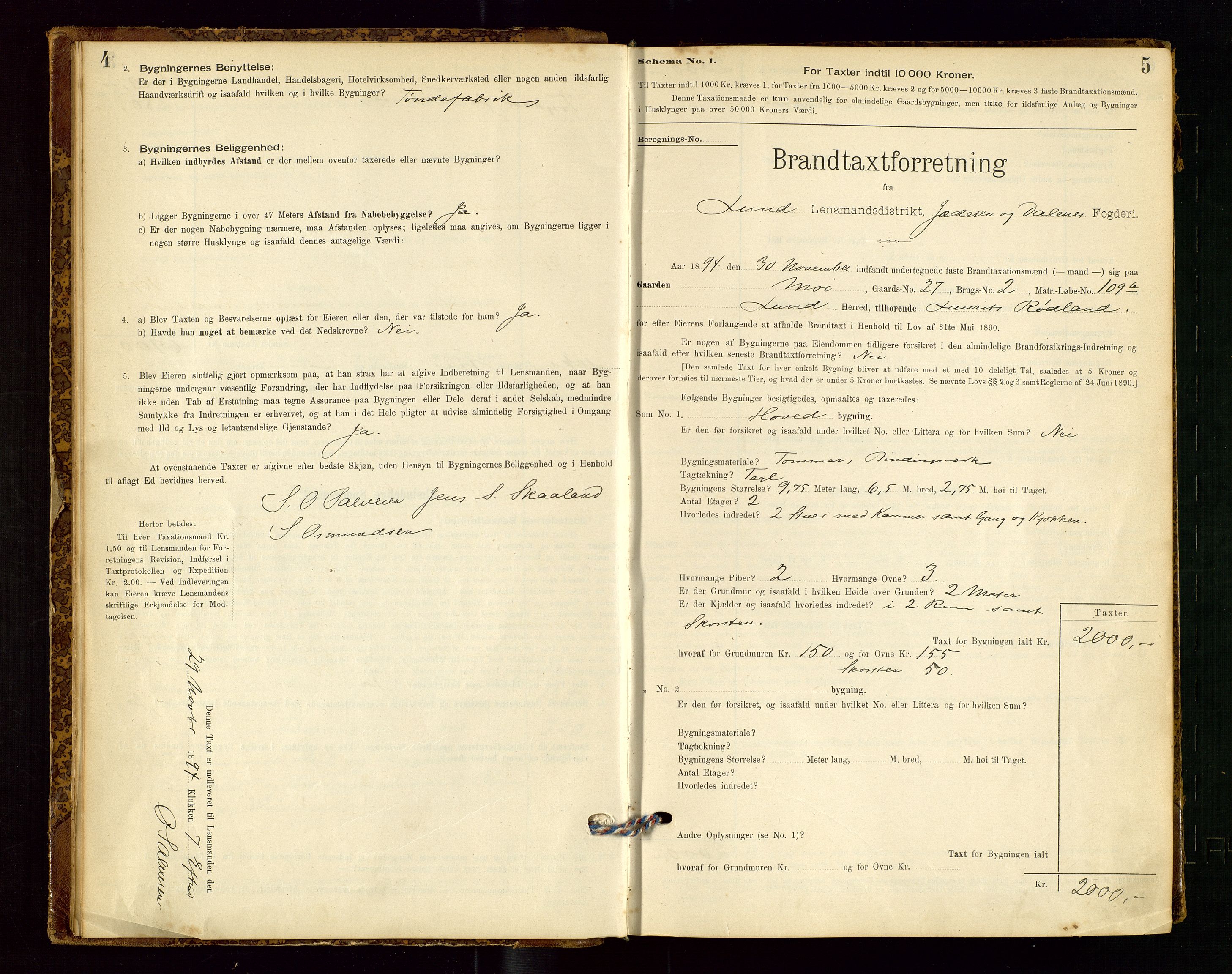Lund lensmannskontor, AV/SAST-A-100303/Gob/L0001: "Brandtakstprotokol", 1894-1907, p. 4-5