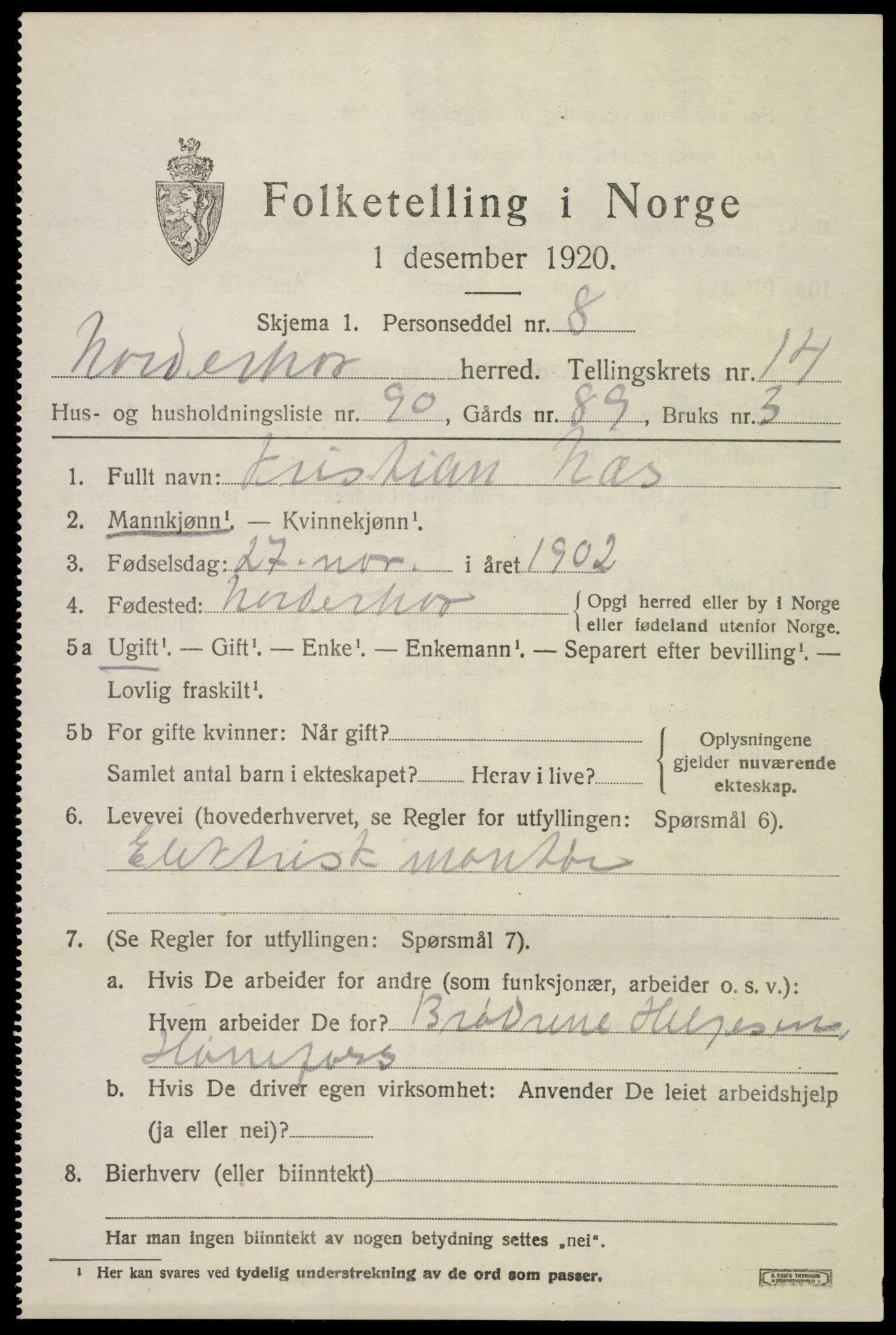 SAKO, 1920 census for Norderhov, 1920, p. 16176