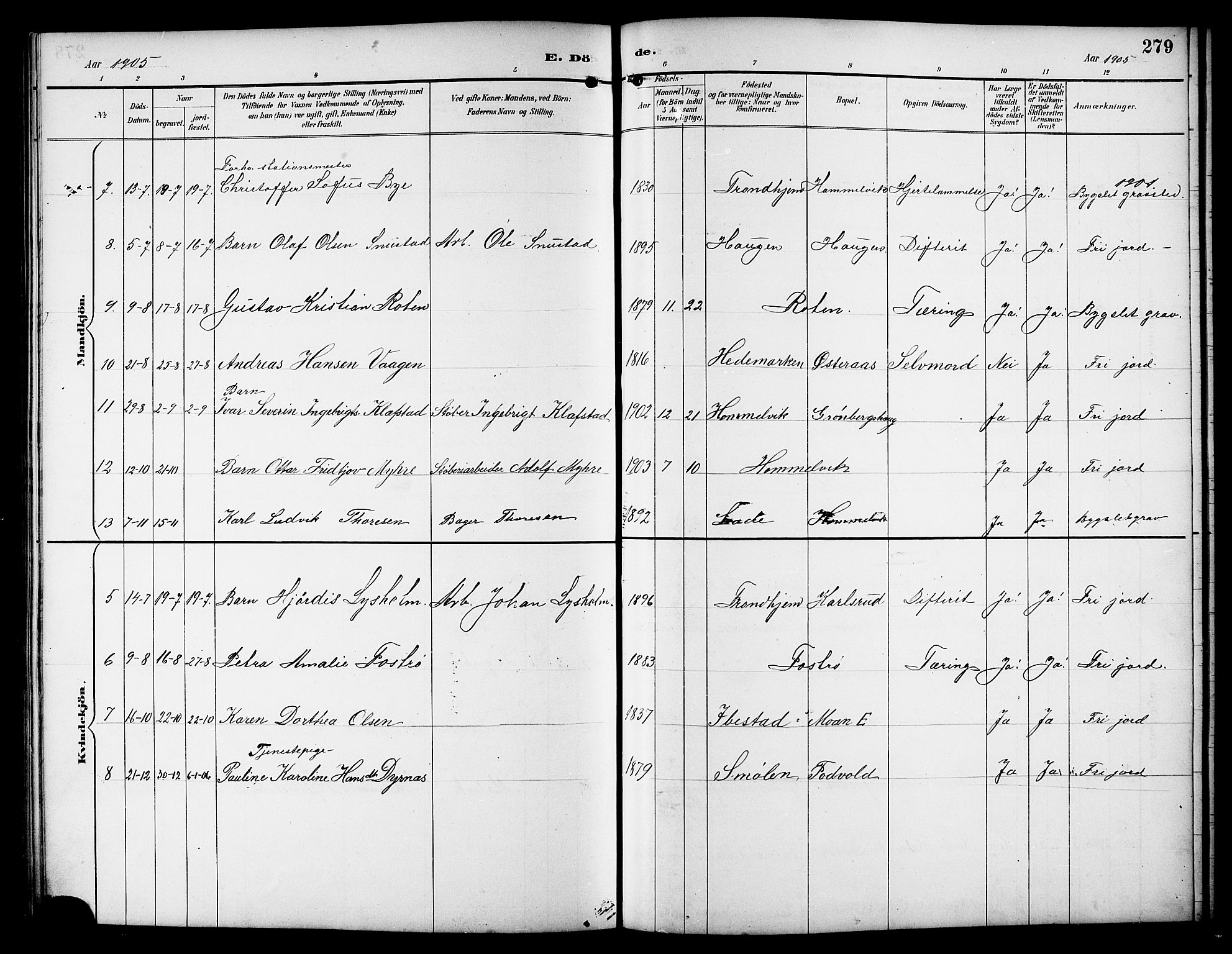 Ministerialprotokoller, klokkerbøker og fødselsregistre - Sør-Trøndelag, SAT/A-1456/617/L0431: Parish register (copy) no. 617C01, 1889-1910, p. 279