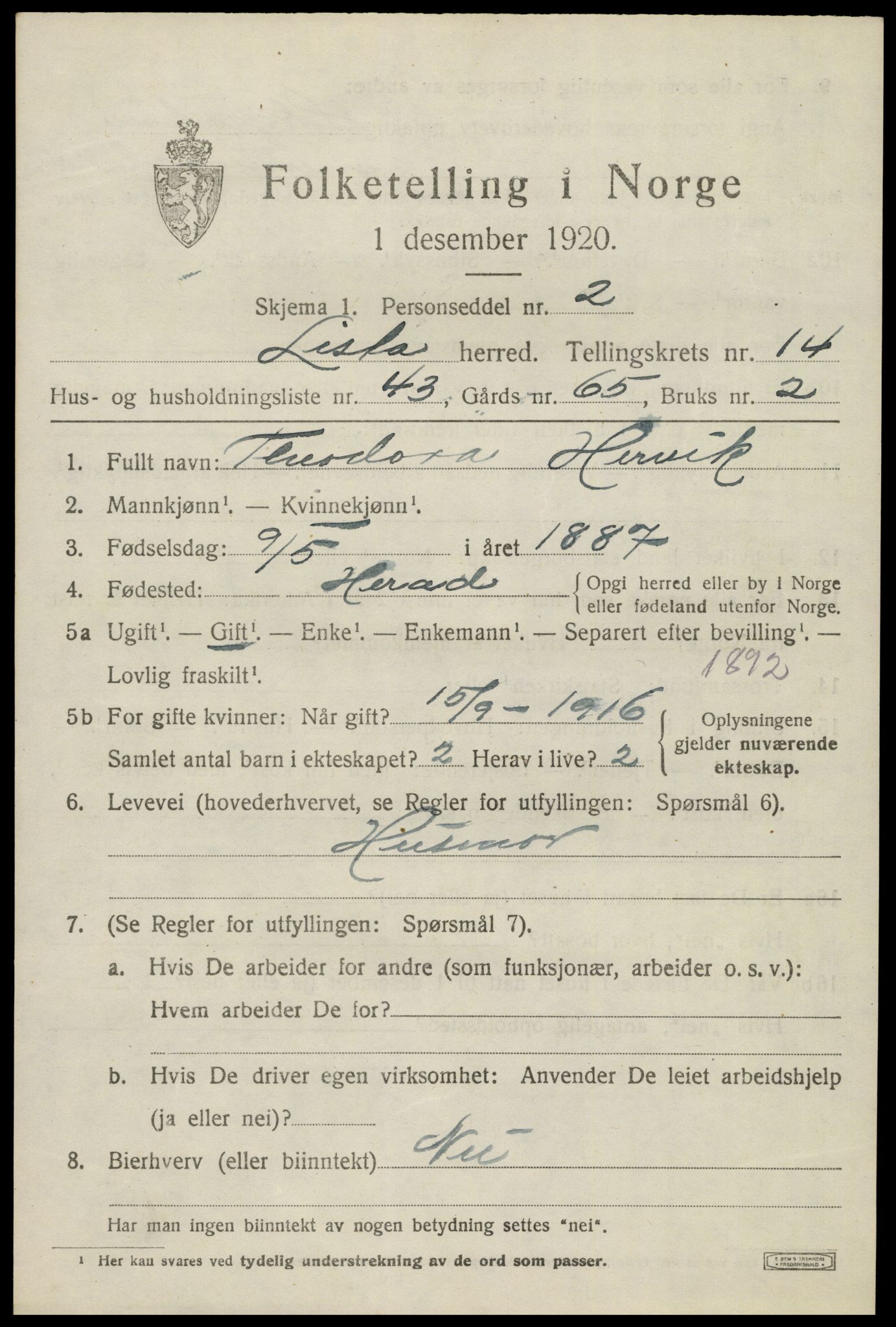 SAK, 1920 census for Lista, 1920, p. 12461