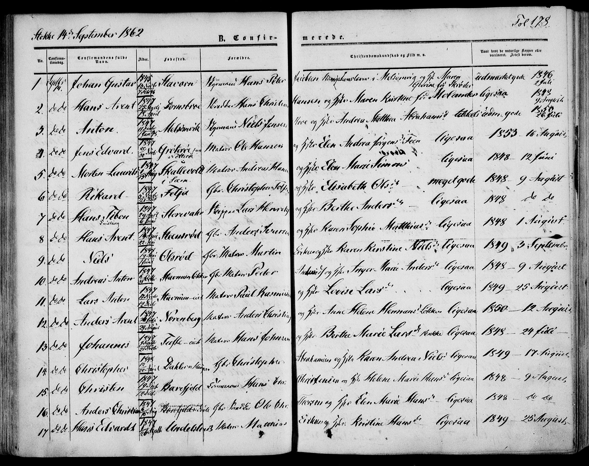 Stokke kirkebøker, AV/SAKO-A-320/F/Fa/L0008: Parish register (official) no. I 8, 1858-1871, p. 178