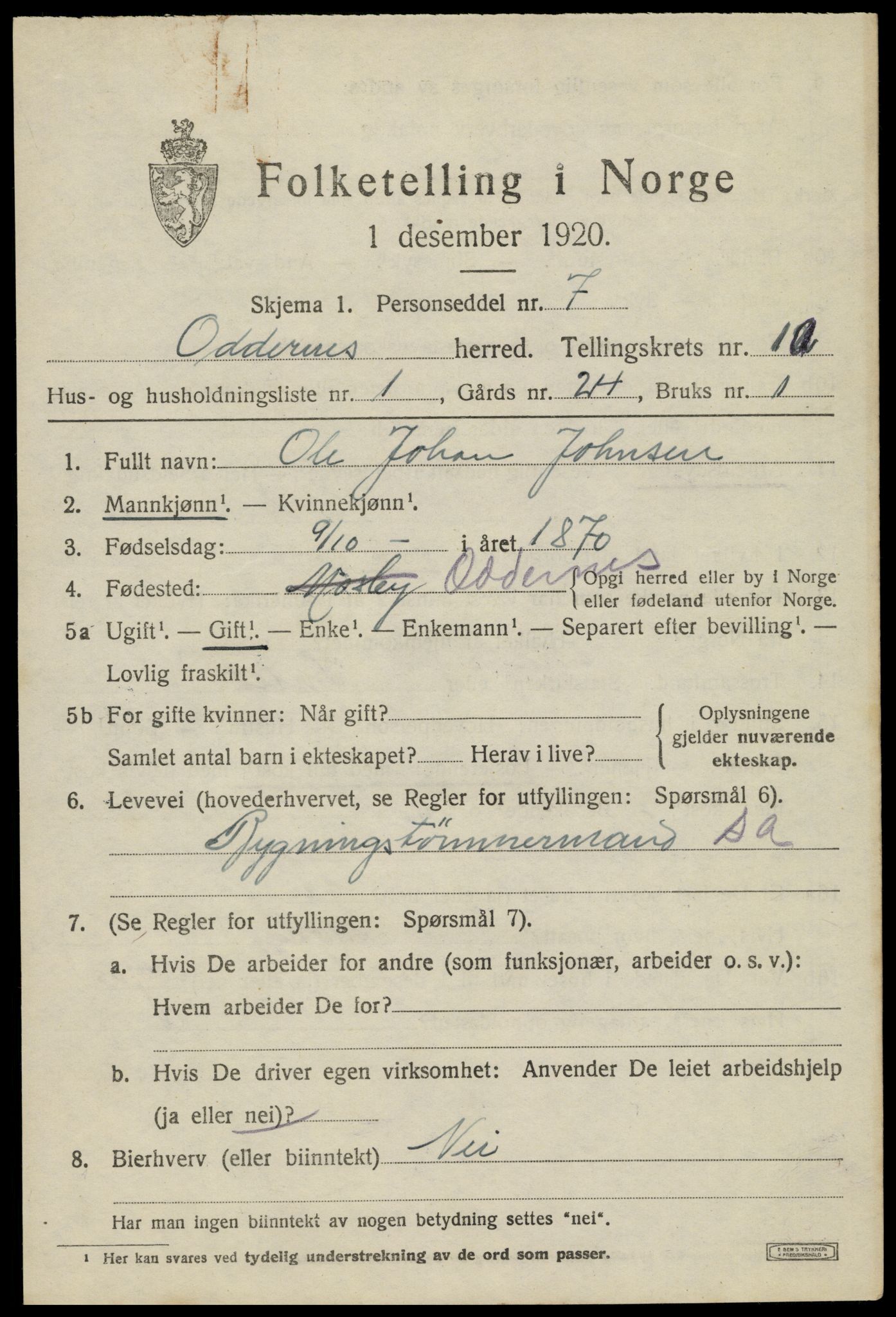 SAK, 1920 census for Oddernes, 1920, p. 6379