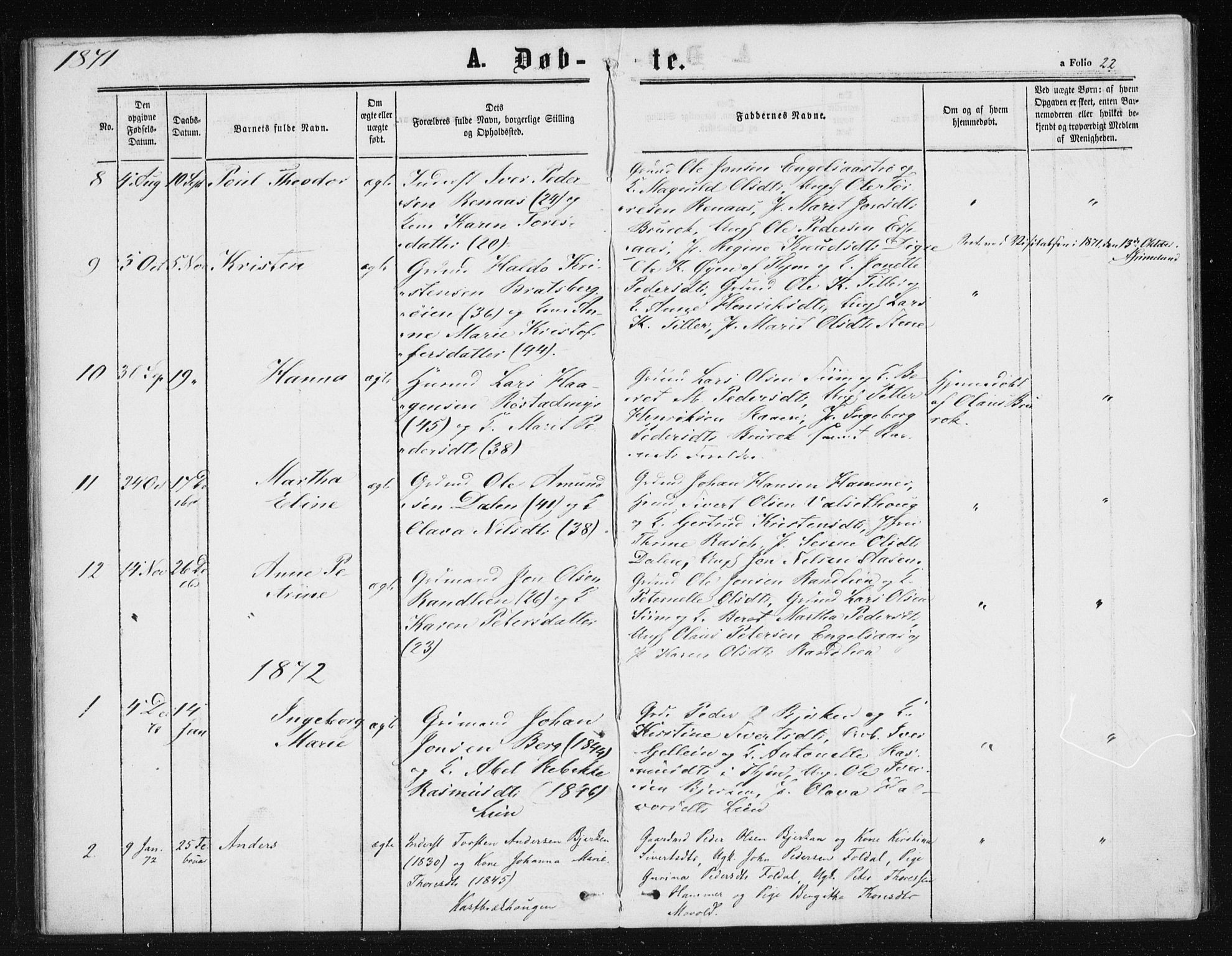 Ministerialprotokoller, klokkerbøker og fødselsregistre - Sør-Trøndelag, SAT/A-1456/608/L0333: Parish register (official) no. 608A02, 1862-1876, p. 22