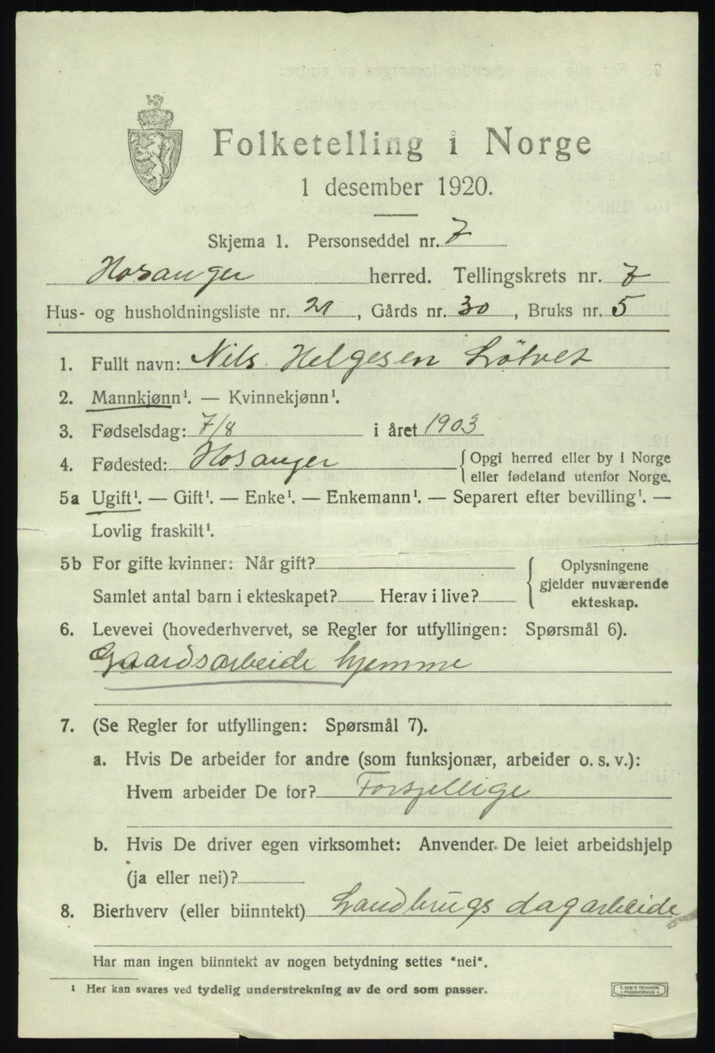 SAB, 1920 census for Hosanger, 1920, p. 3345