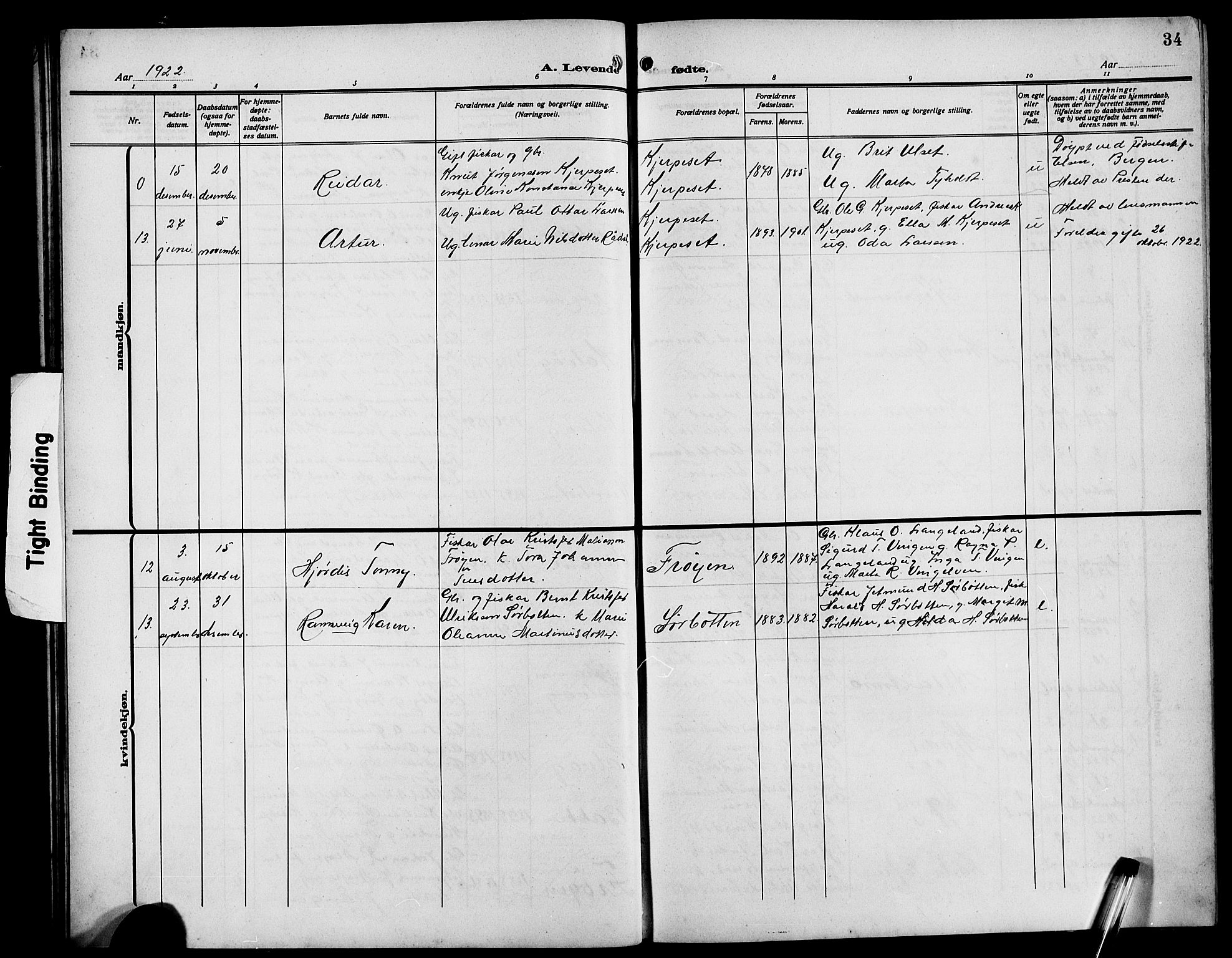 Bremanger sokneprestembete, SAB/A-82201/H/Hab/Habb/L0001: Parish register (copy) no. B 1, 1906-1925, p. 34