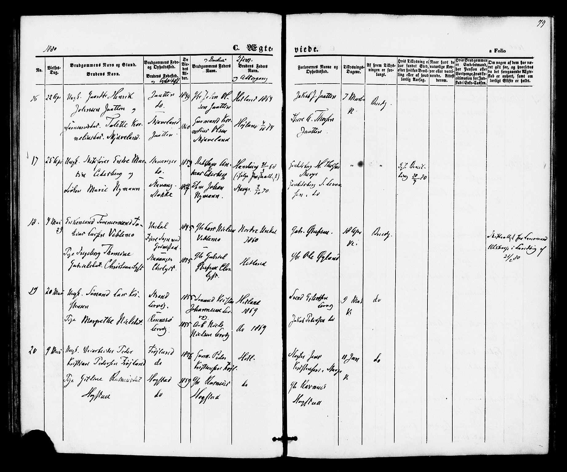 Hetland sokneprestkontor, AV/SAST-A-101826/30/30BA/L0005: Parish register (official) no. A 5, 1869-1884, p. 79