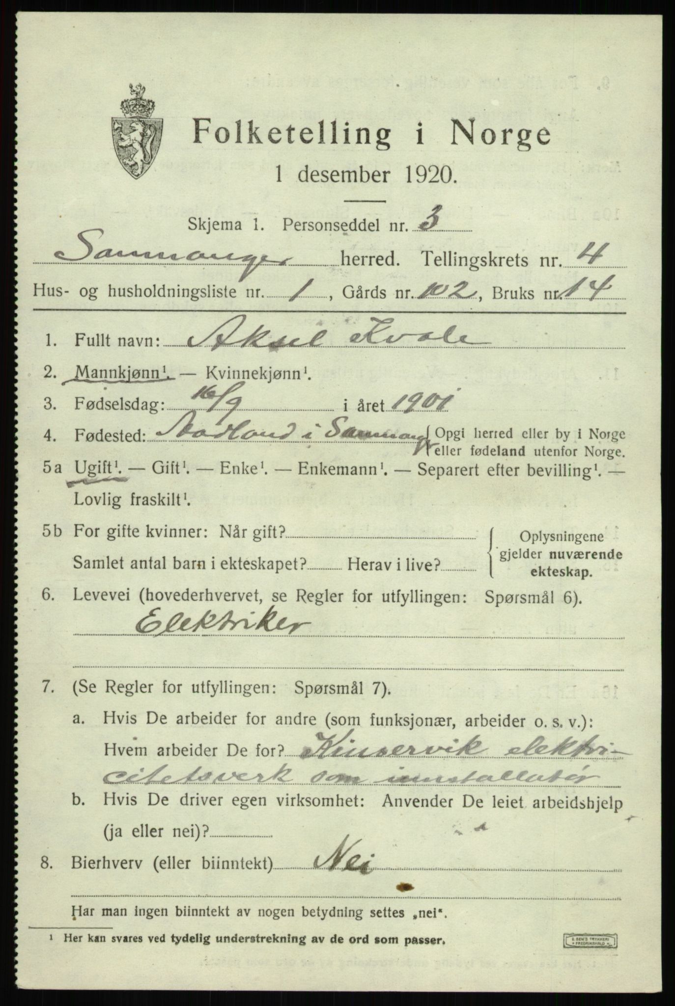 SAB, 1920 census for Samnanger, 1920, p. 1675