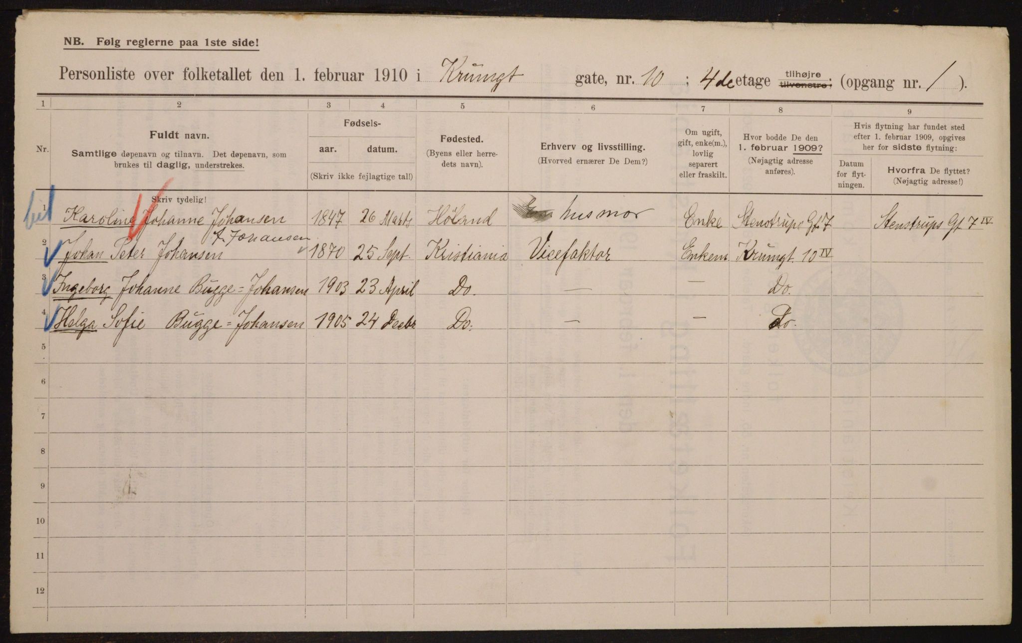 OBA, Municipal Census 1910 for Kristiania, 1910, p. 53299