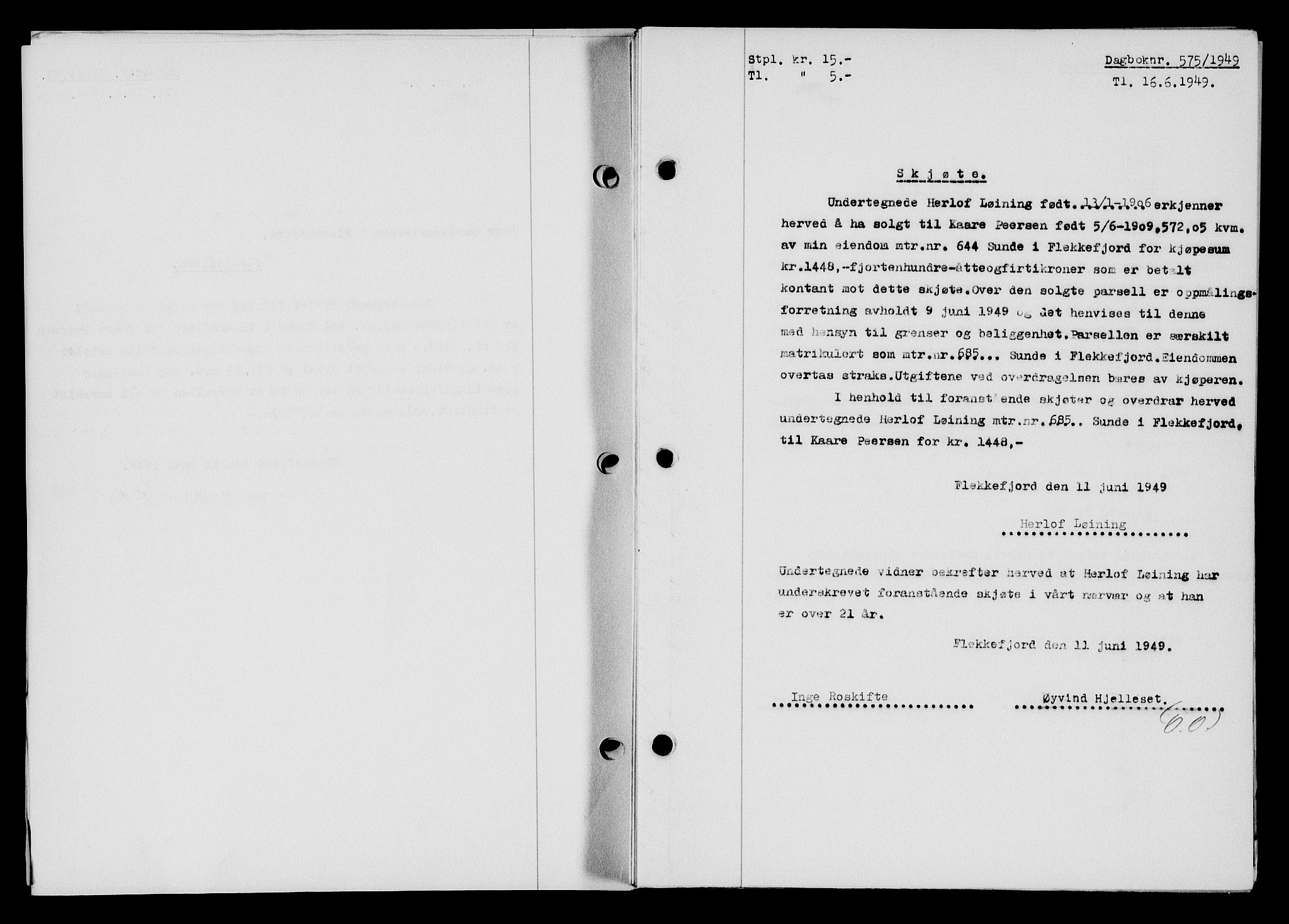 Flekkefjord sorenskriveri, SAK/1221-0001/G/Gb/Gba/L0065: Mortgage book no. A-13, 1949-1949, Diary no: : 575/1949