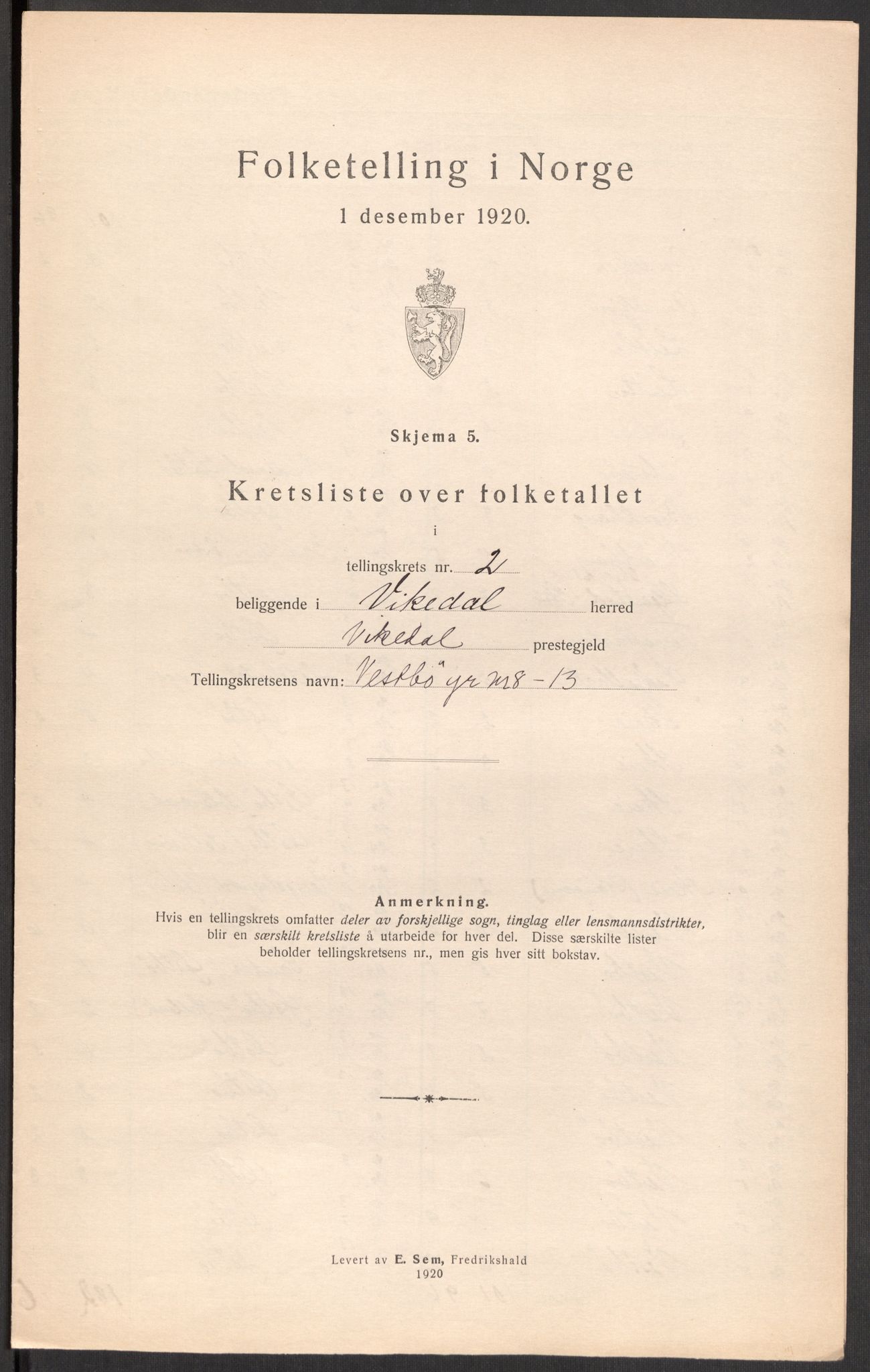 SAST, 1920 census for Vikedal, 1920, p. 75