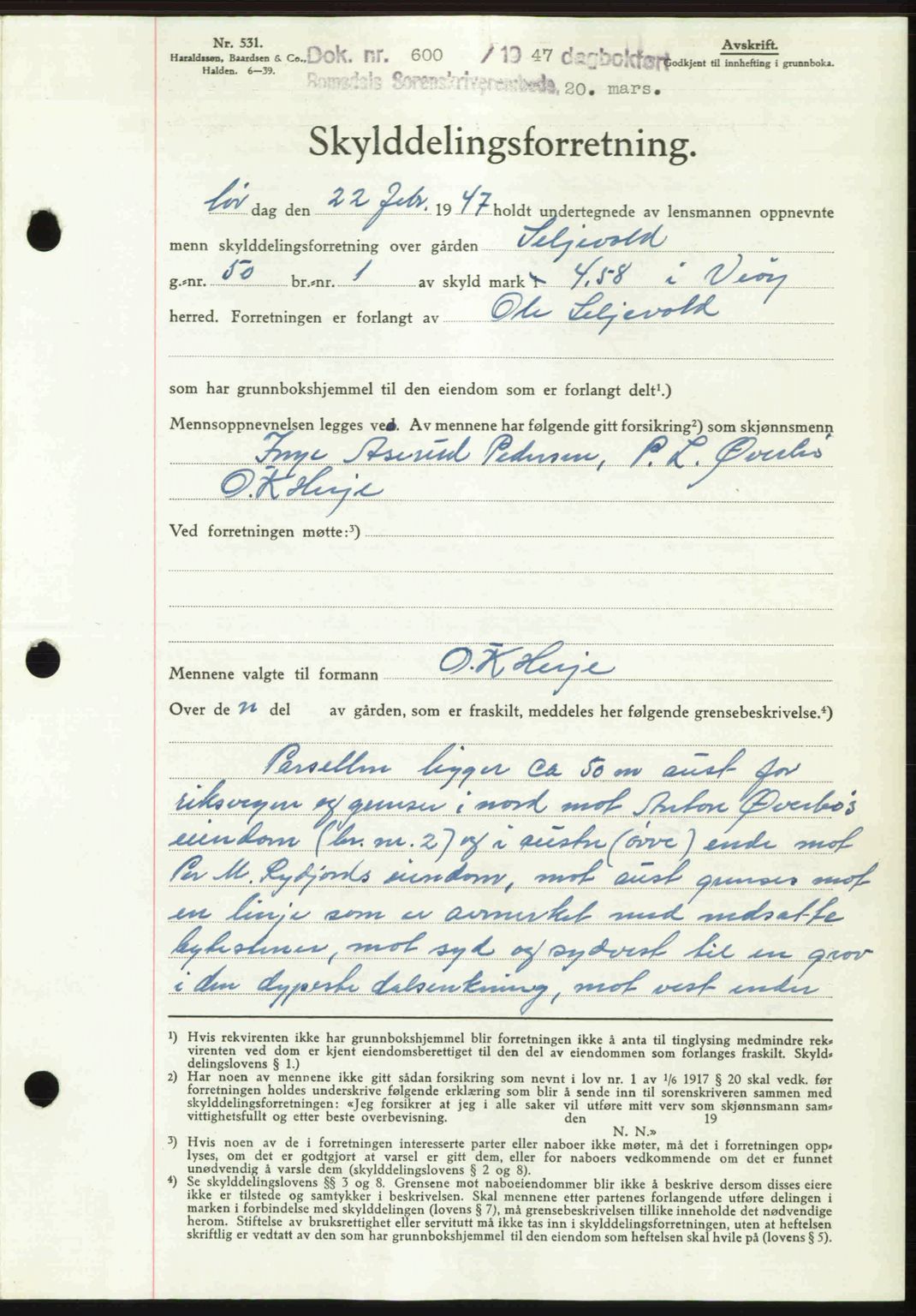 Romsdal sorenskriveri, AV/SAT-A-4149/1/2/2C: Mortgage book no. A22, 1947-1947, Diary no: : 600/1947