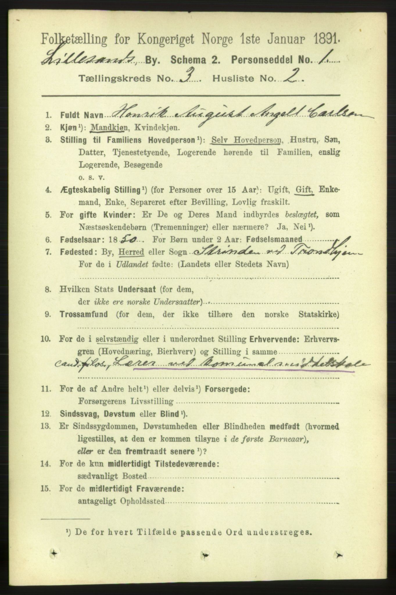 RA, 1891 census for 0905 Lillesand, 1891, p. 651