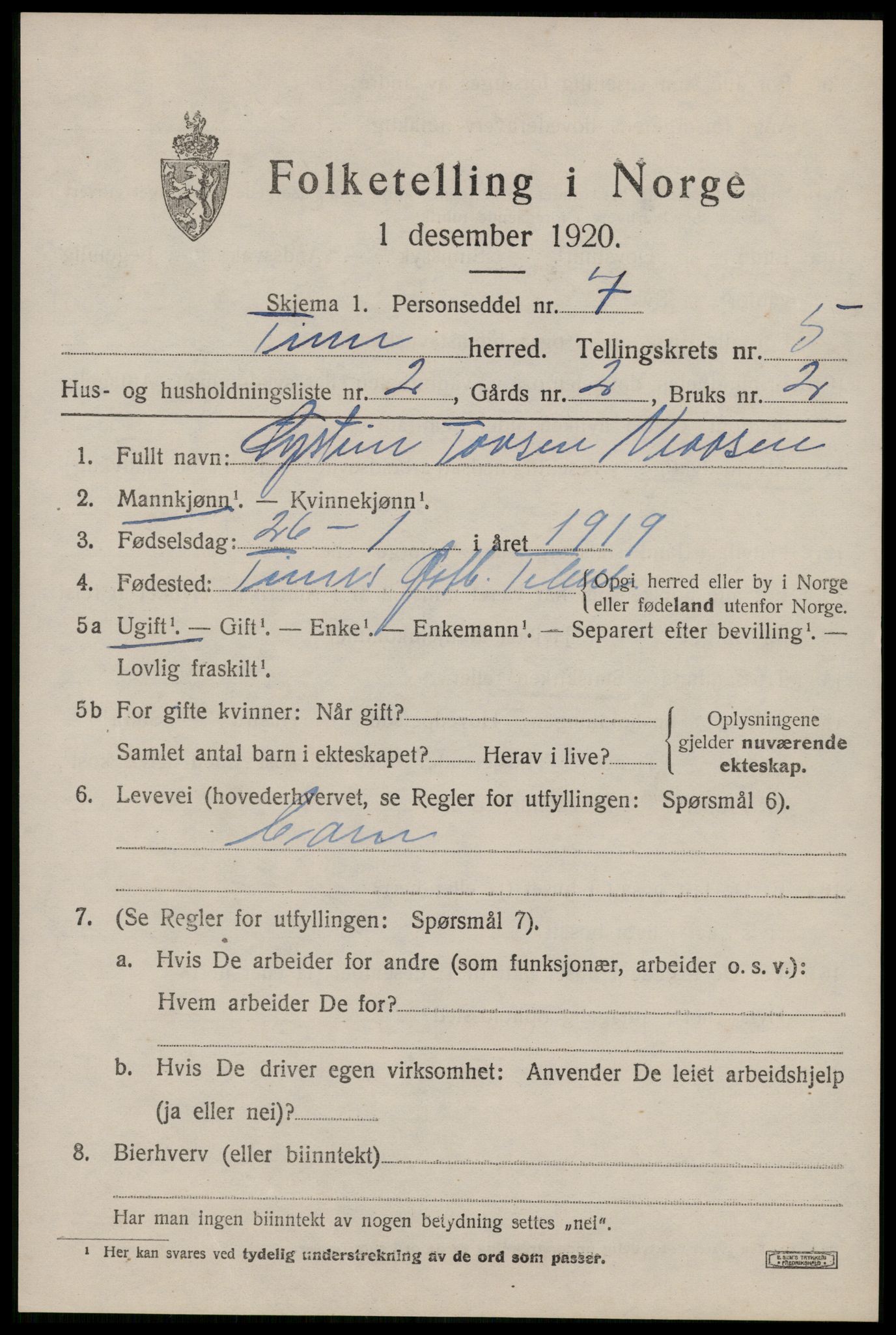 SAKO, 1920 census for Tinn, 1920, p. 4476