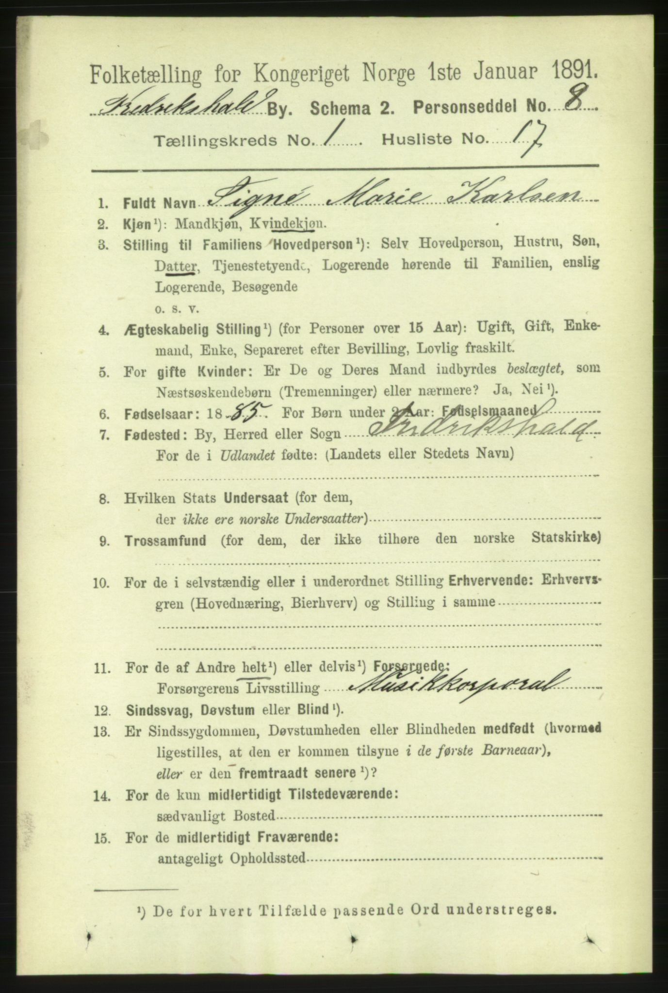 RA, 1891 census for 0101 Fredrikshald, 1891, p. 2071