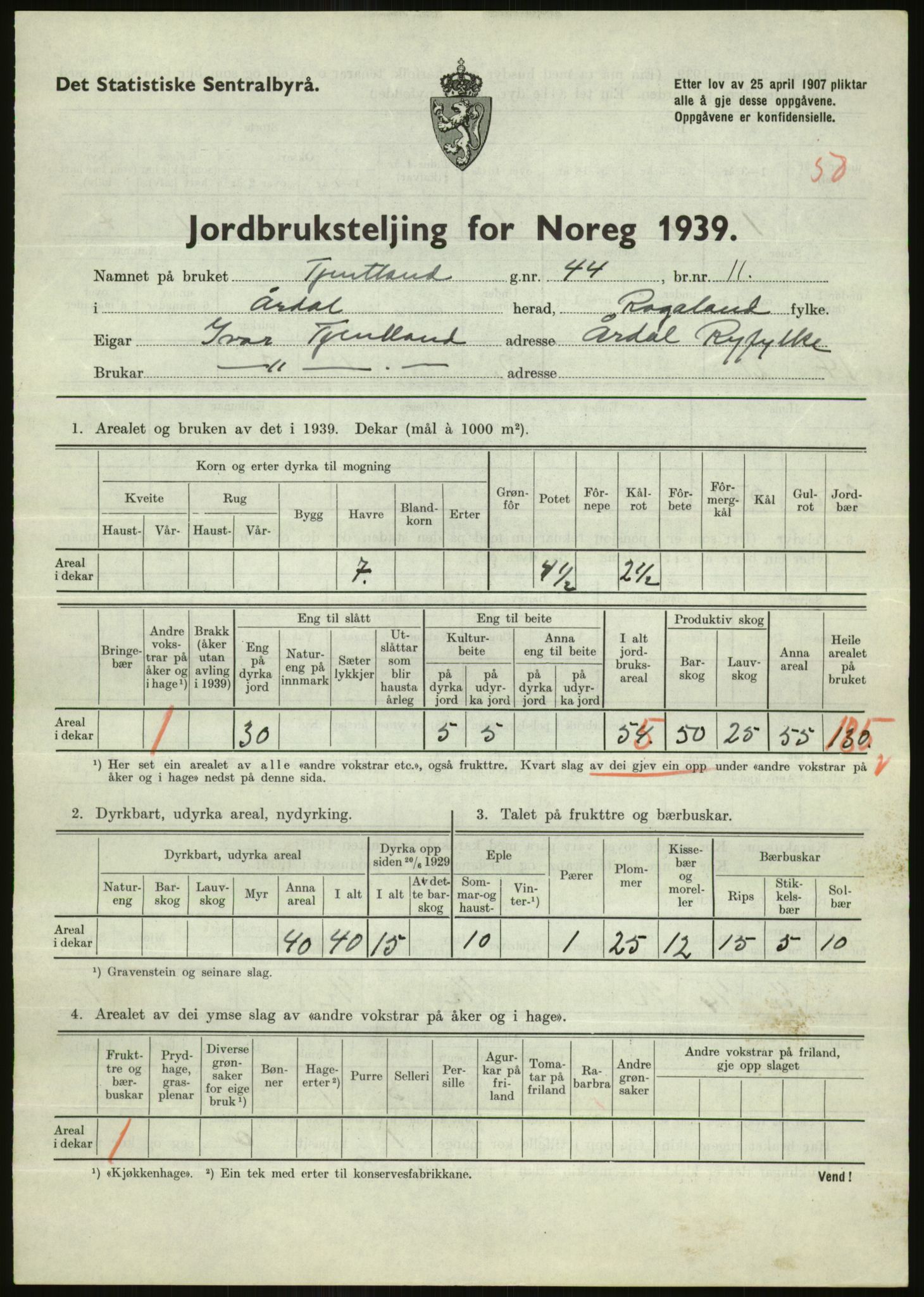 Statistisk sentralbyrå, Næringsøkonomiske emner, Jordbruk, skogbruk, jakt, fiske og fangst, AV/RA-S-2234/G/Gb/L0184: Rogaland: Årdal, Fister og Hjelmeland, 1939, p. 729