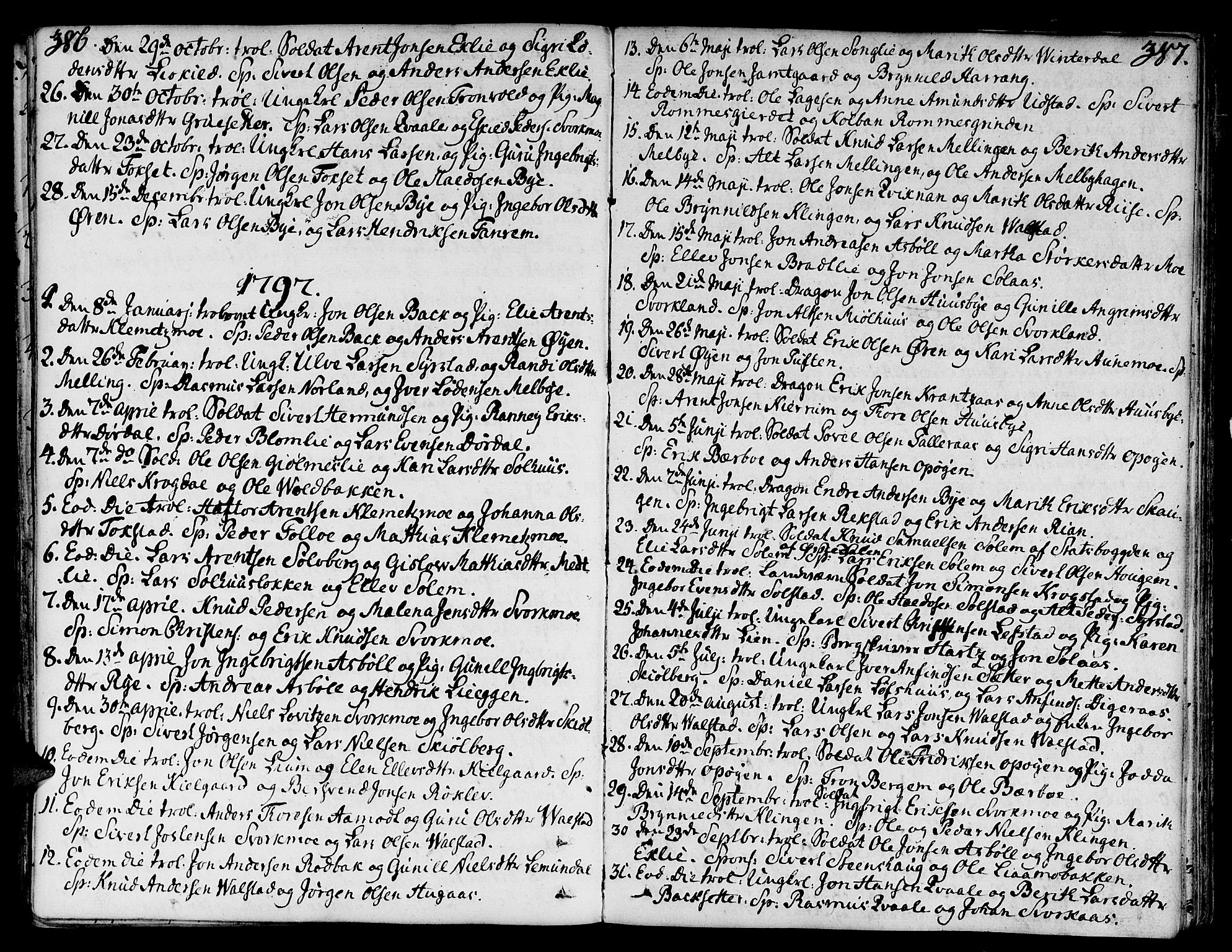 Ministerialprotokoller, klokkerbøker og fødselsregistre - Sør-Trøndelag, SAT/A-1456/668/L0802: Parish register (official) no. 668A02, 1776-1799, p. 386-387