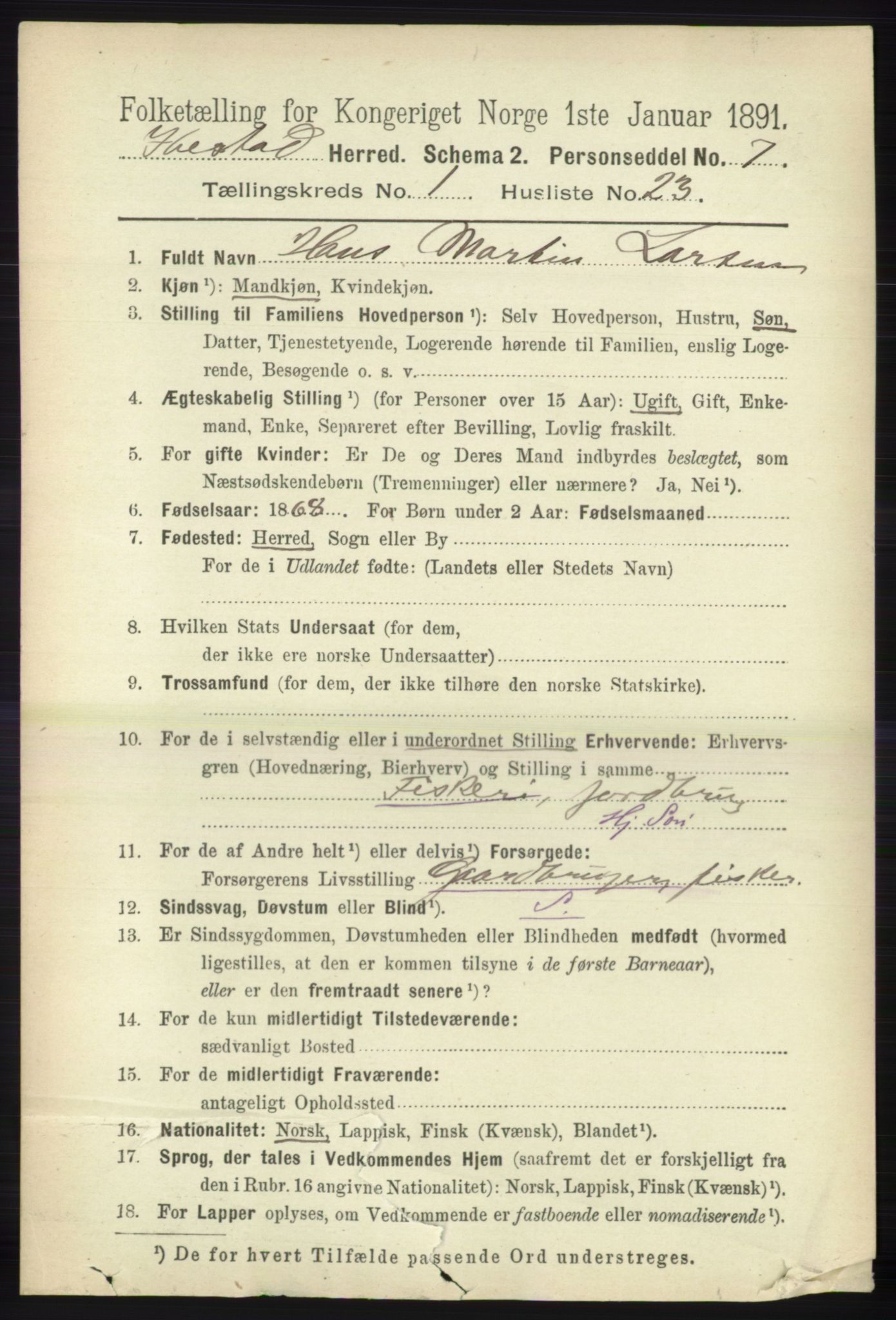 RA, 1891 census for 1917 Ibestad, 1891, p. 288